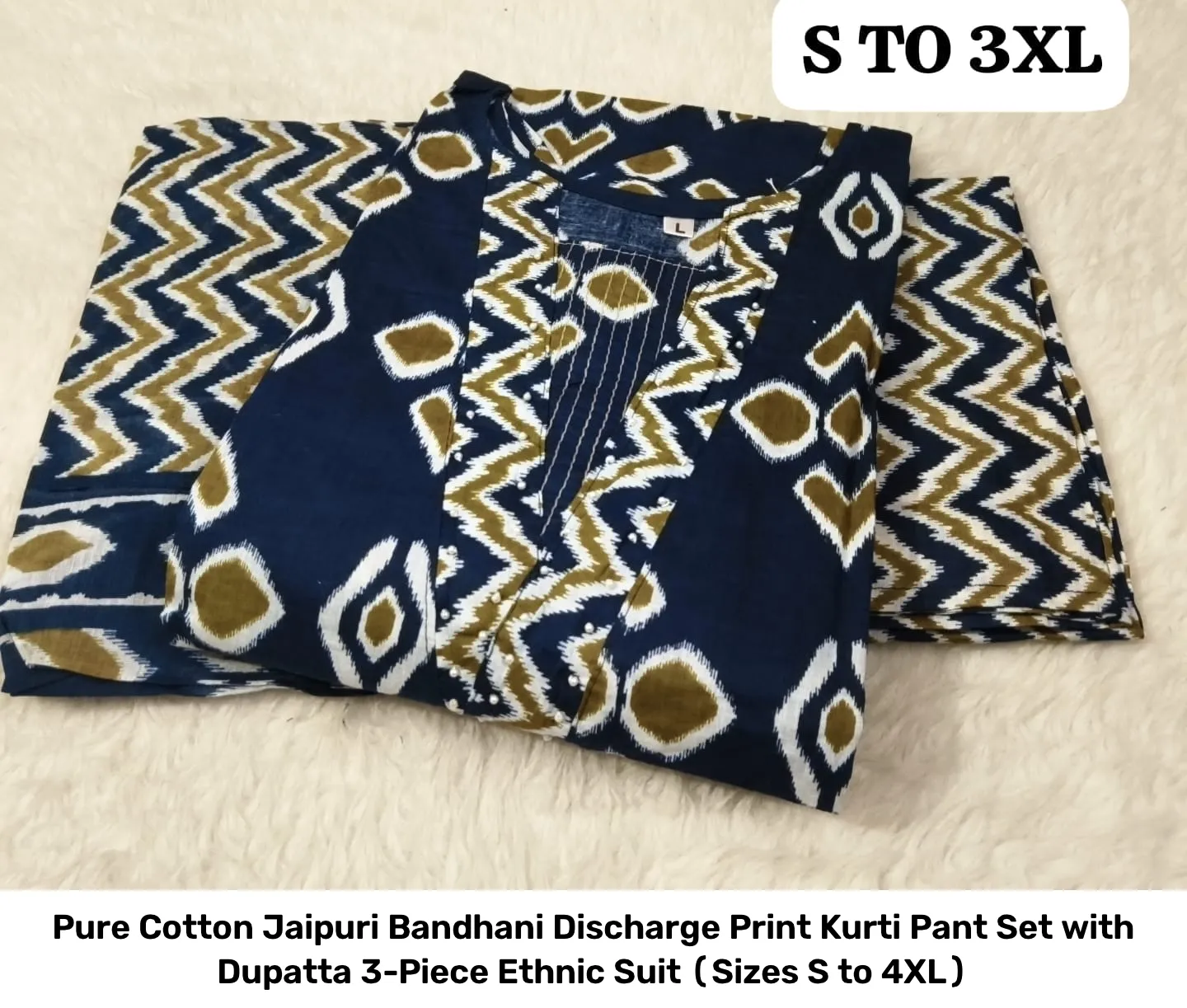 Pure Cotton Jaipuri Bandhani Discharge Print Kurti Pant Set with Dupatta – 3-Piece Ethnic Suit (Sizes S to 4XL) 11