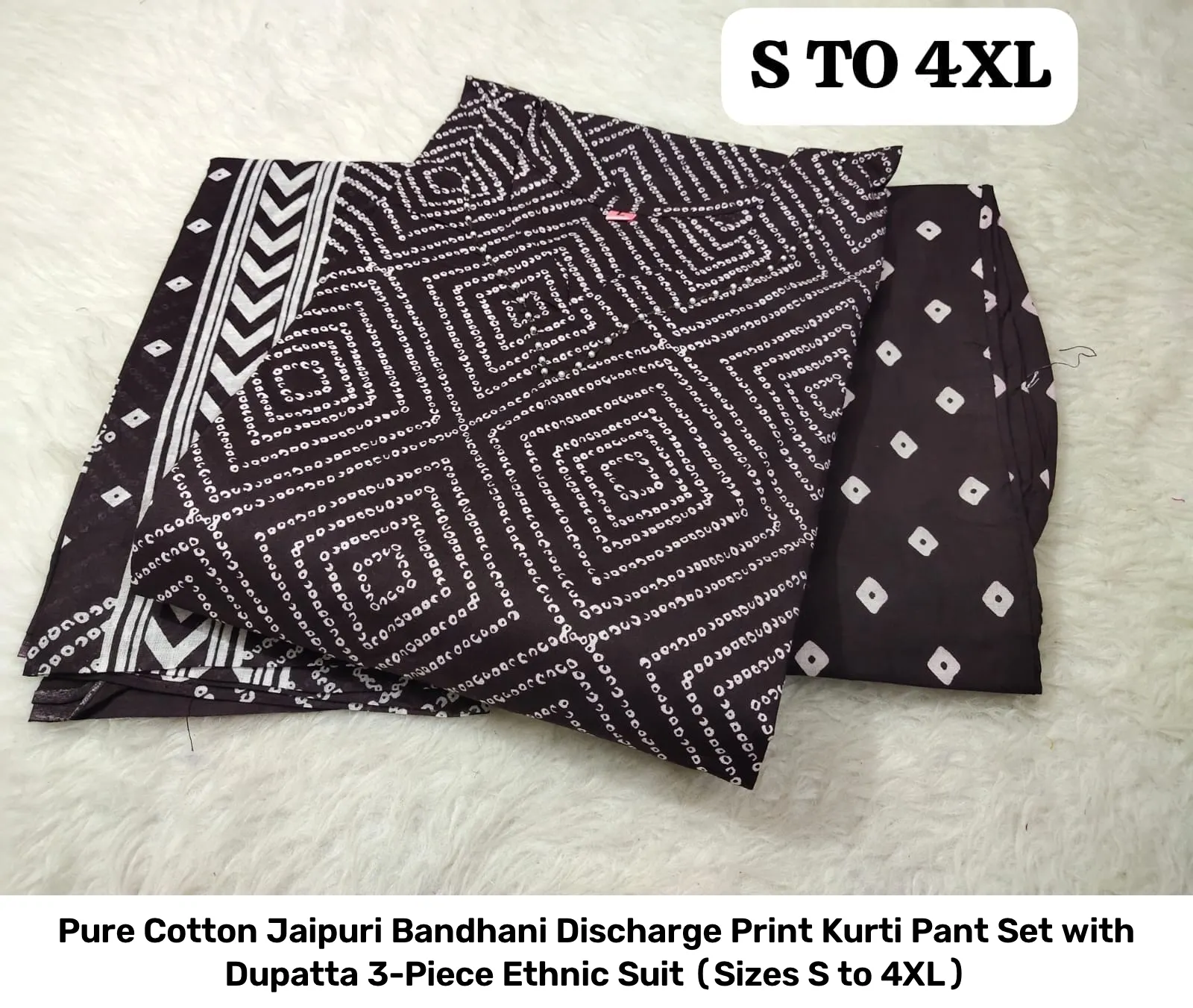Pure Cotton Jaipuri Bandhani Discharge Print Kurti Pant Set with Dupatta – 3-Piece Ethnic Suit (Sizes S to 4XL) 12