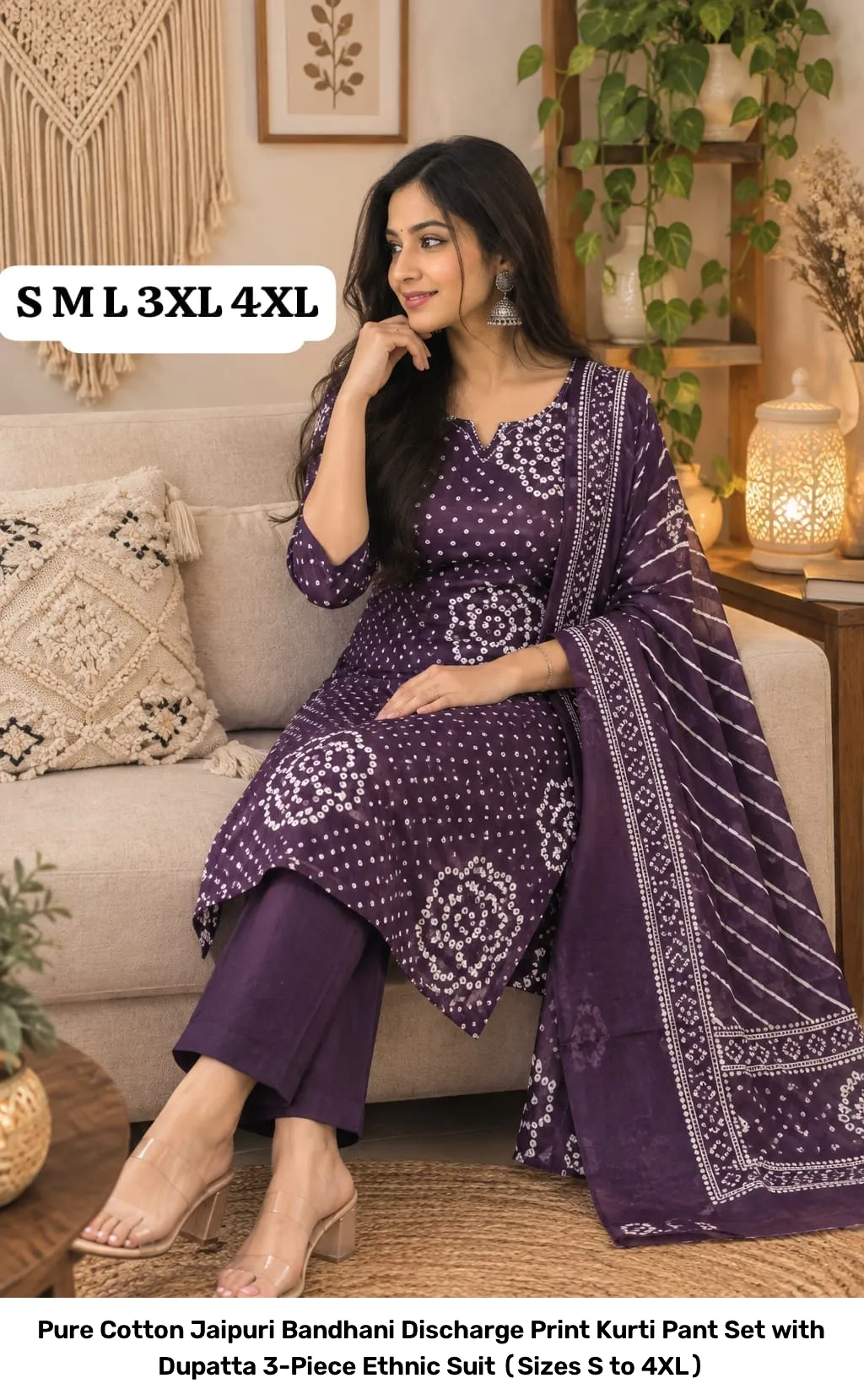 Pure Cotton Jaipuri Bandhani Discharge Print Kurti Pant Set with Dupatta – 3-Piece Ethnic Suit (Sizes S to 4XL) 13