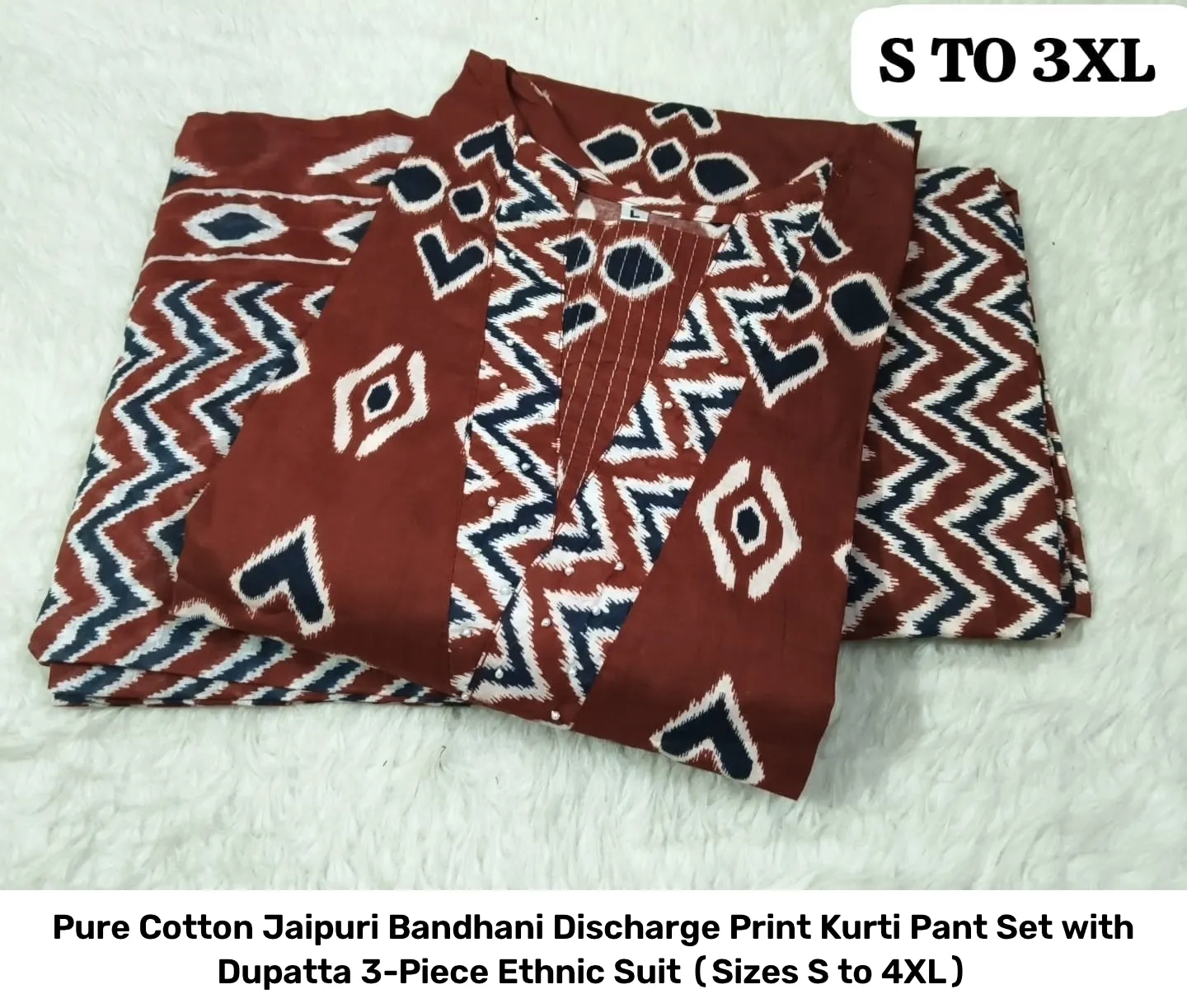 Pure Cotton Jaipuri Bandhani Discharge Print Kurti Pant Set with Dupatta – 3-Piece Ethnic Suit (Sizes S to 4XL) 14