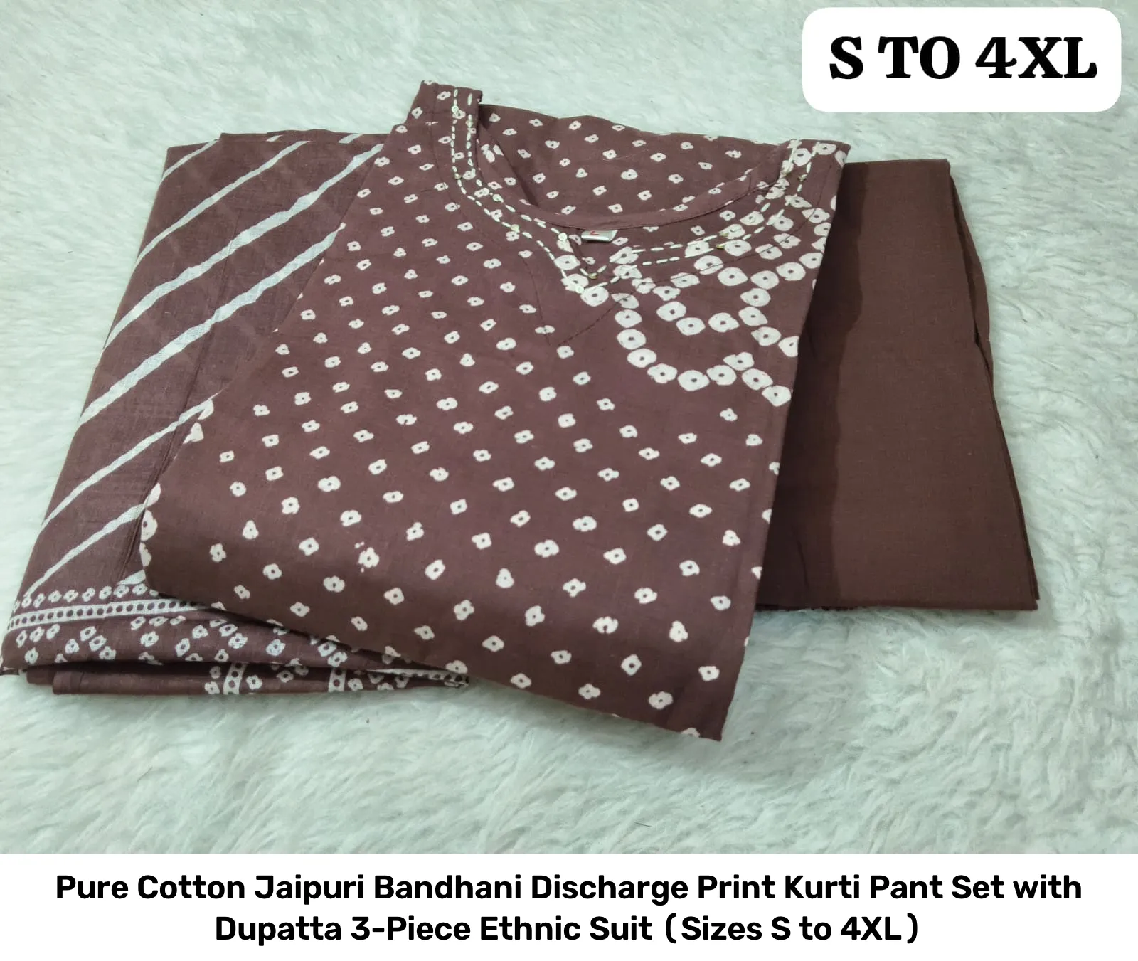 Pure Cotton Jaipuri Bandhani Discharge Print Kurti Pant Set with Dupatta – 3-Piece Ethnic Suit (Sizes S to 4XL) 15
