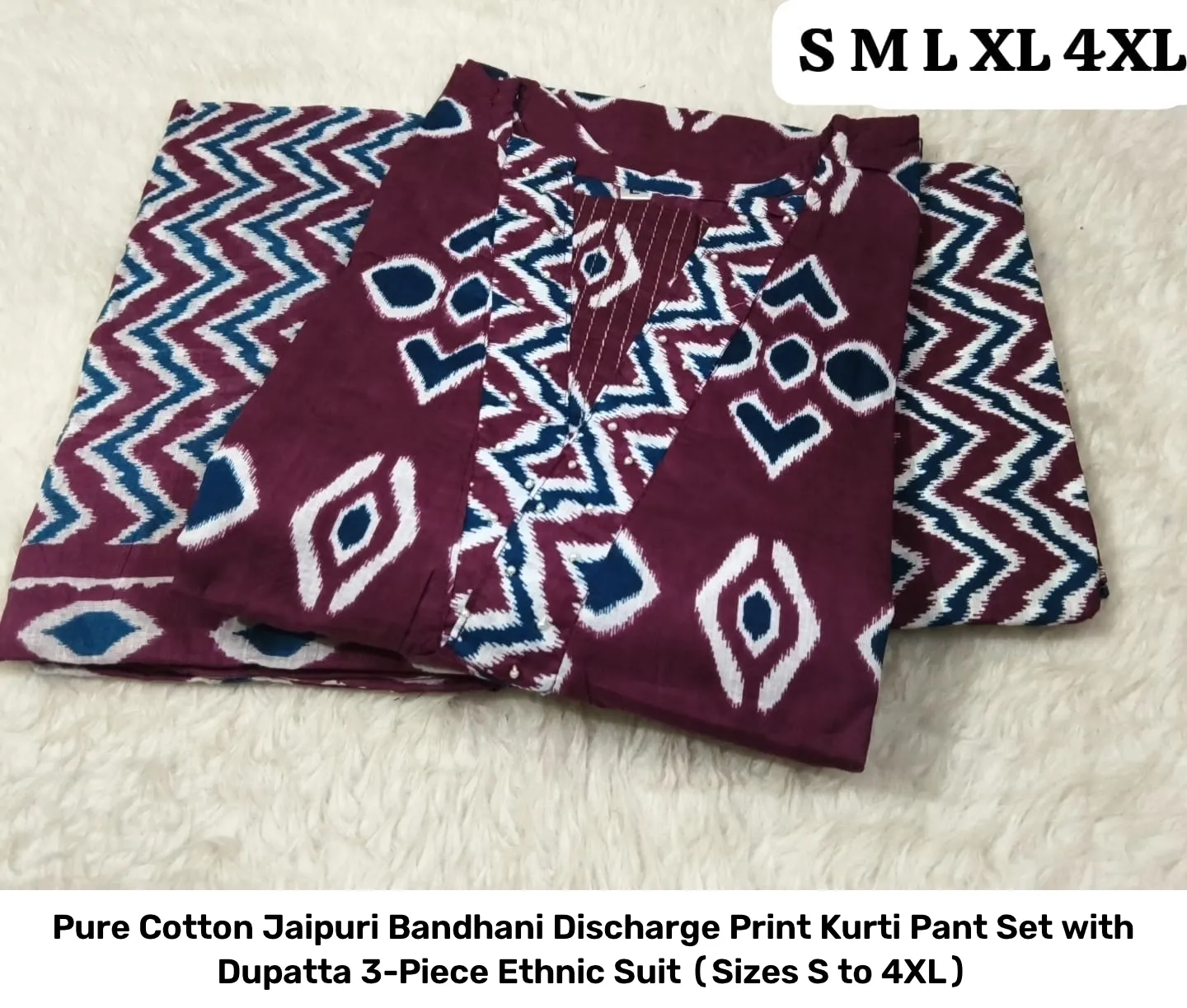 Pure Cotton Jaipuri Bandhani Discharge Print Kurti Pant Set with Dupatta – 3-Piece Ethnic Suit (Sizes S to 4XL) 16