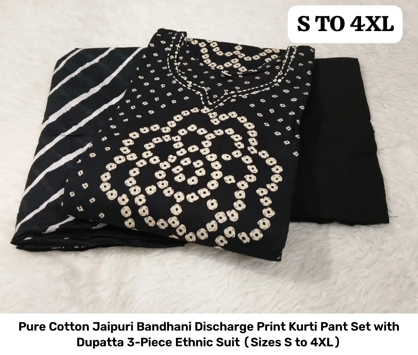 Pure Cotton Jaipuri Bandhani Discharge Print Kurti Pant Set with Dupatta – 3-Piece Ethnic Suit (Sizes S to 4XL) 17