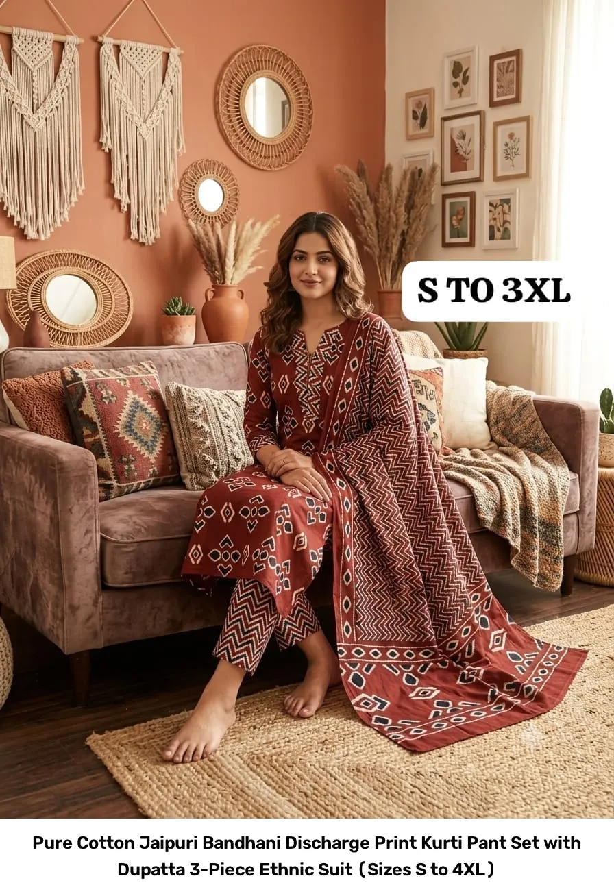 Pure Cotton Jaipuri Bandhani Discharge Print Kurti Pant Set with Dupatta – 3-Piece Ethnic Suit (Sizes S to 4XL) 18