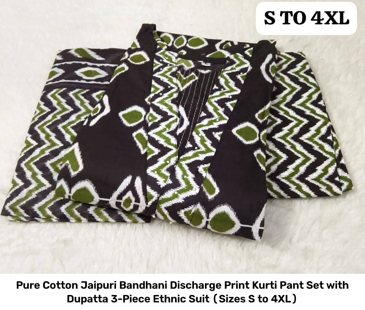 Pure Cotton Jaipuri Bandhani Discharge Print Kurti Pant Set with Dupatta – 3-Piece Ethnic Suit (Sizes S to 4XL) 19
