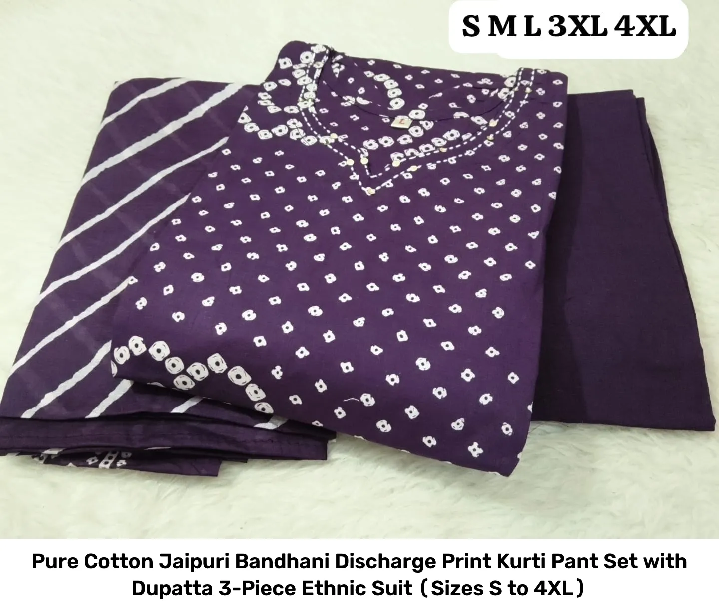Pure Cotton Jaipuri Bandhani Discharge Print Kurti Pant Set with Dupatta – 3-Piece Ethnic Suit (Sizes S to 4XL) 3