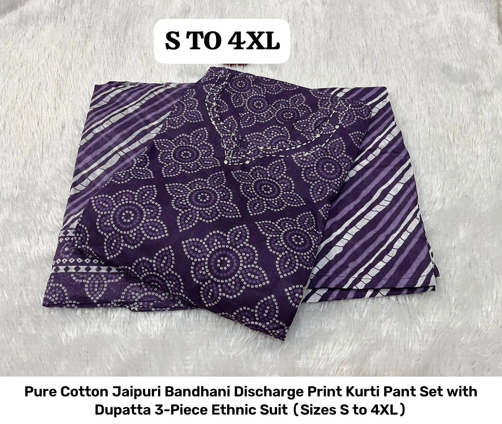 Pure Cotton Jaipuri Bandhani Discharge Print Kurti Pant Set with Dupatta – 3-Piece Ethnic Suit (Sizes S to 4XL) 5