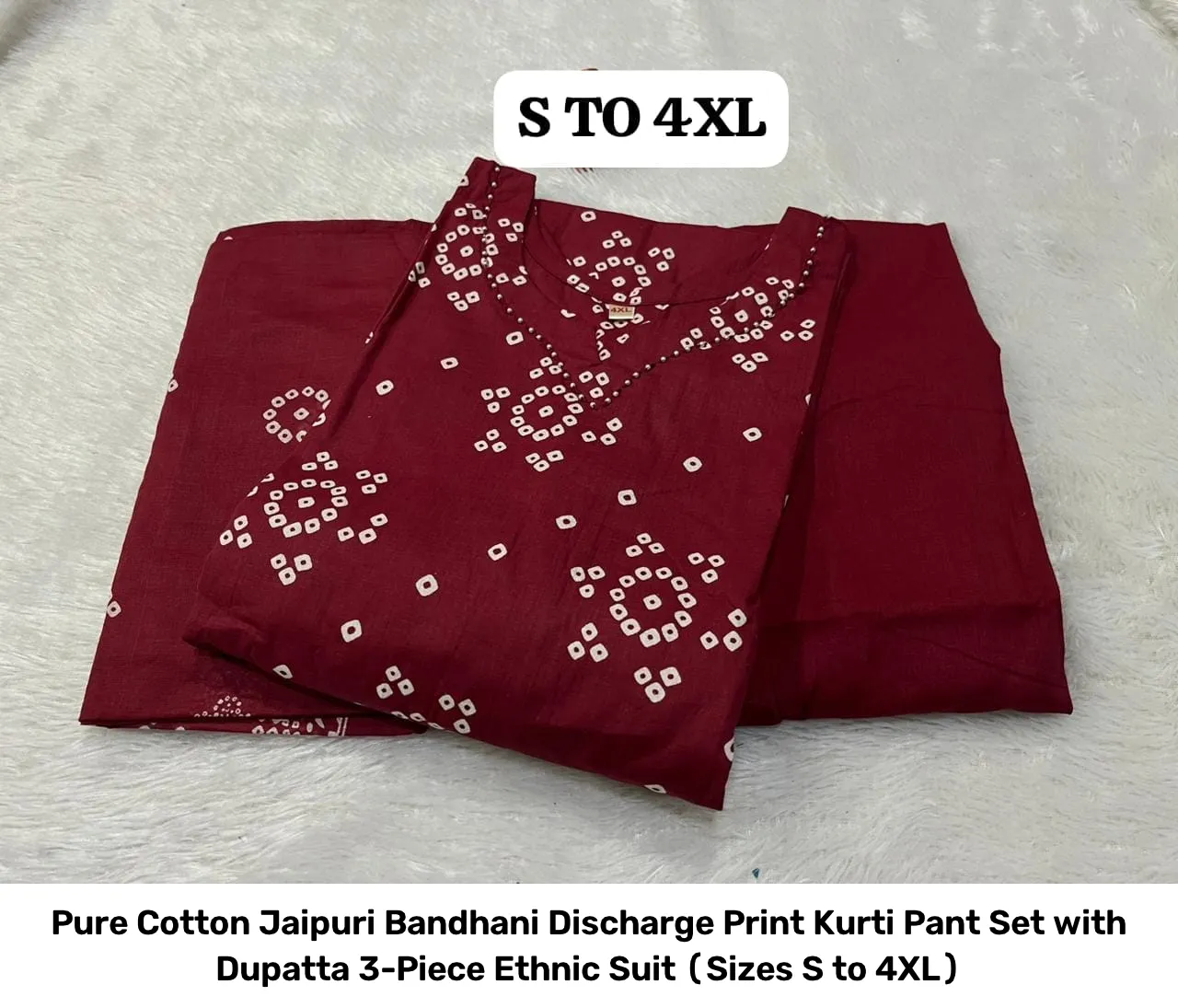 Pure Cotton Jaipuri Bandhani Discharge Print Kurti Pant Set with Dupatta – 3-Piece Ethnic Suit (Sizes S to 4XL) 6