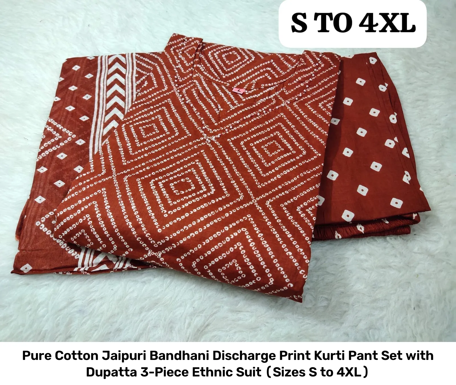 Pure Cotton Jaipuri Bandhani Discharge Print Kurti Pant Set with Dupatta – 3-Piece Ethnic Suit (Sizes S to 4XL) 7