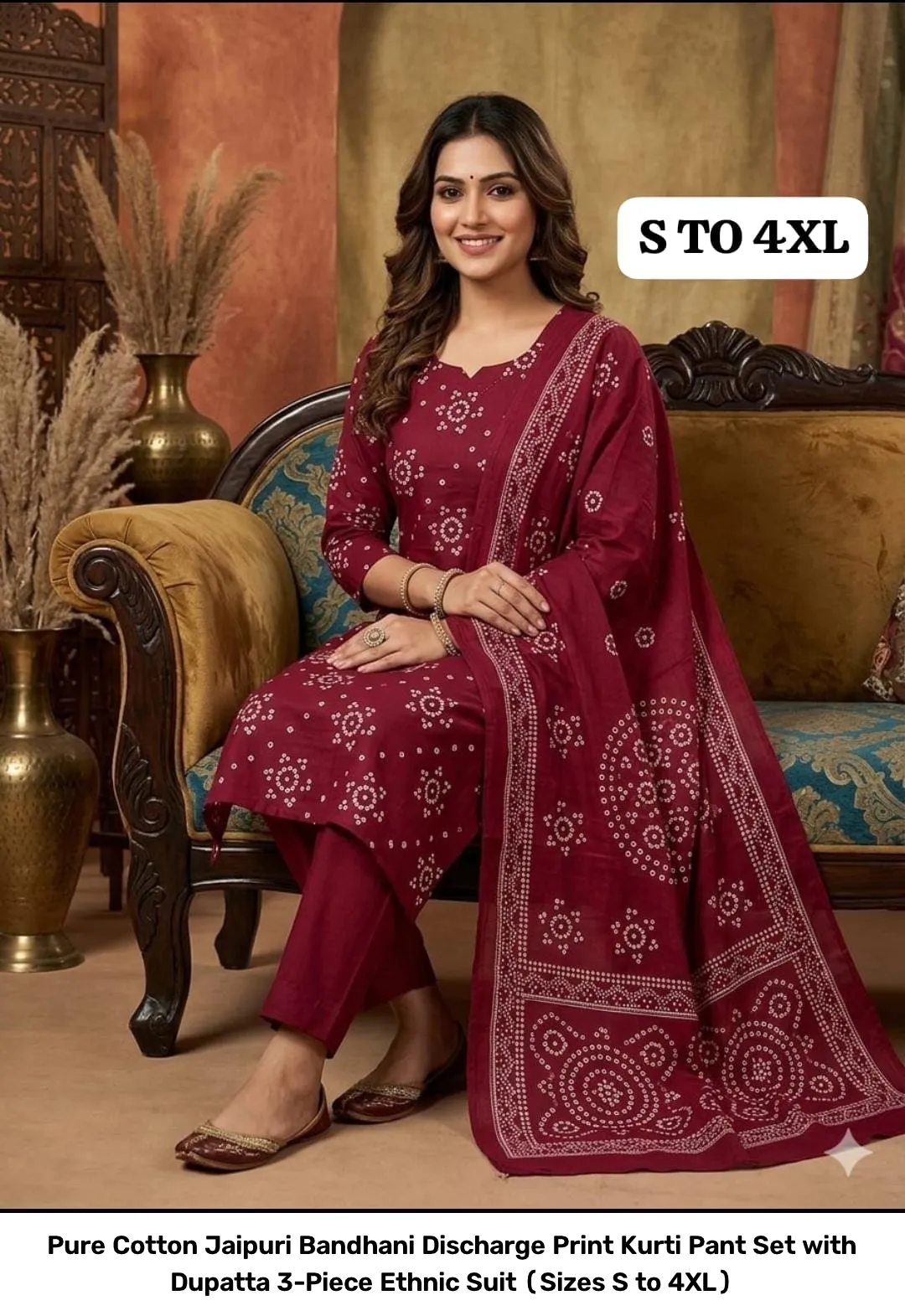 Pure Cotton Jaipuri Bandhani Discharge Print Kurti Pant Set with Dupatta – 3-Piece Ethnic Suit (Sizes S to 4XL) 9