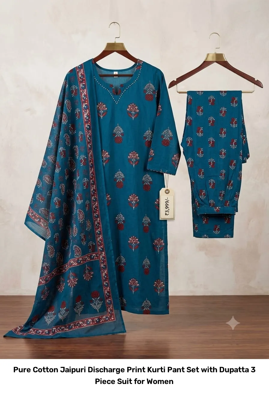 Pure Cotton Jaipuri Discharge Print Kurti Pant Set with Dupatta – 3 Piece Suit for Women 10