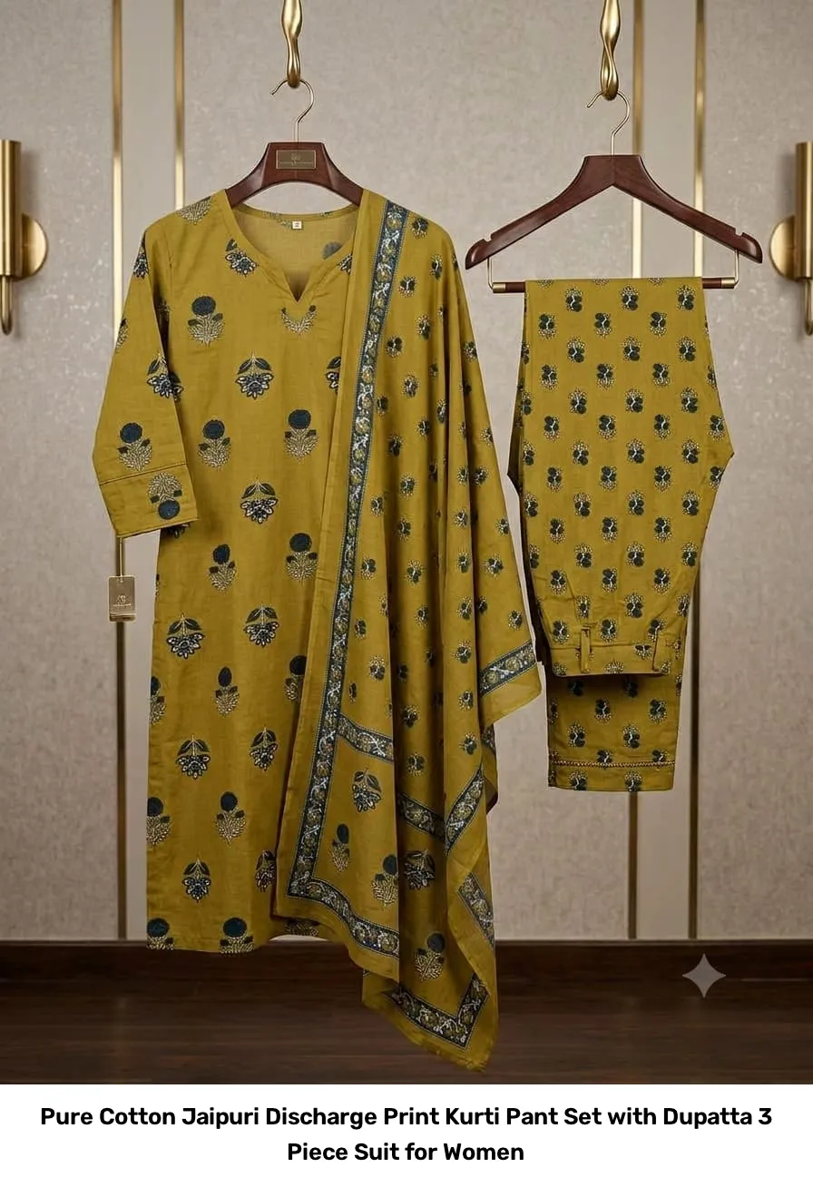 Pure Cotton Jaipuri Discharge Print Kurti Pant Set with Dupatta – 3 Piece Suit for Women 11