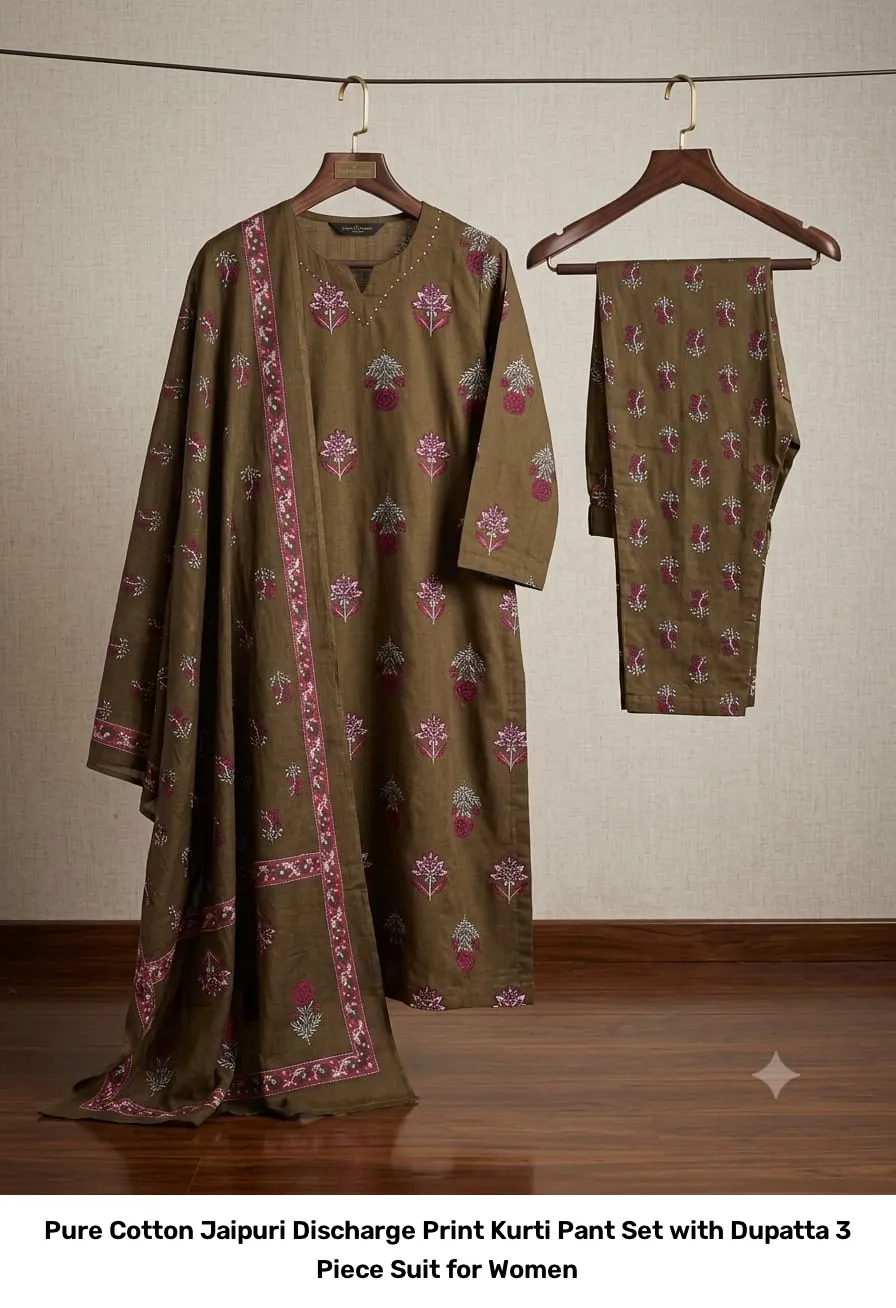Pure Cotton Jaipuri Discharge Print Kurti Pant Set with Dupatta – 3 Piece Suit for Women 12