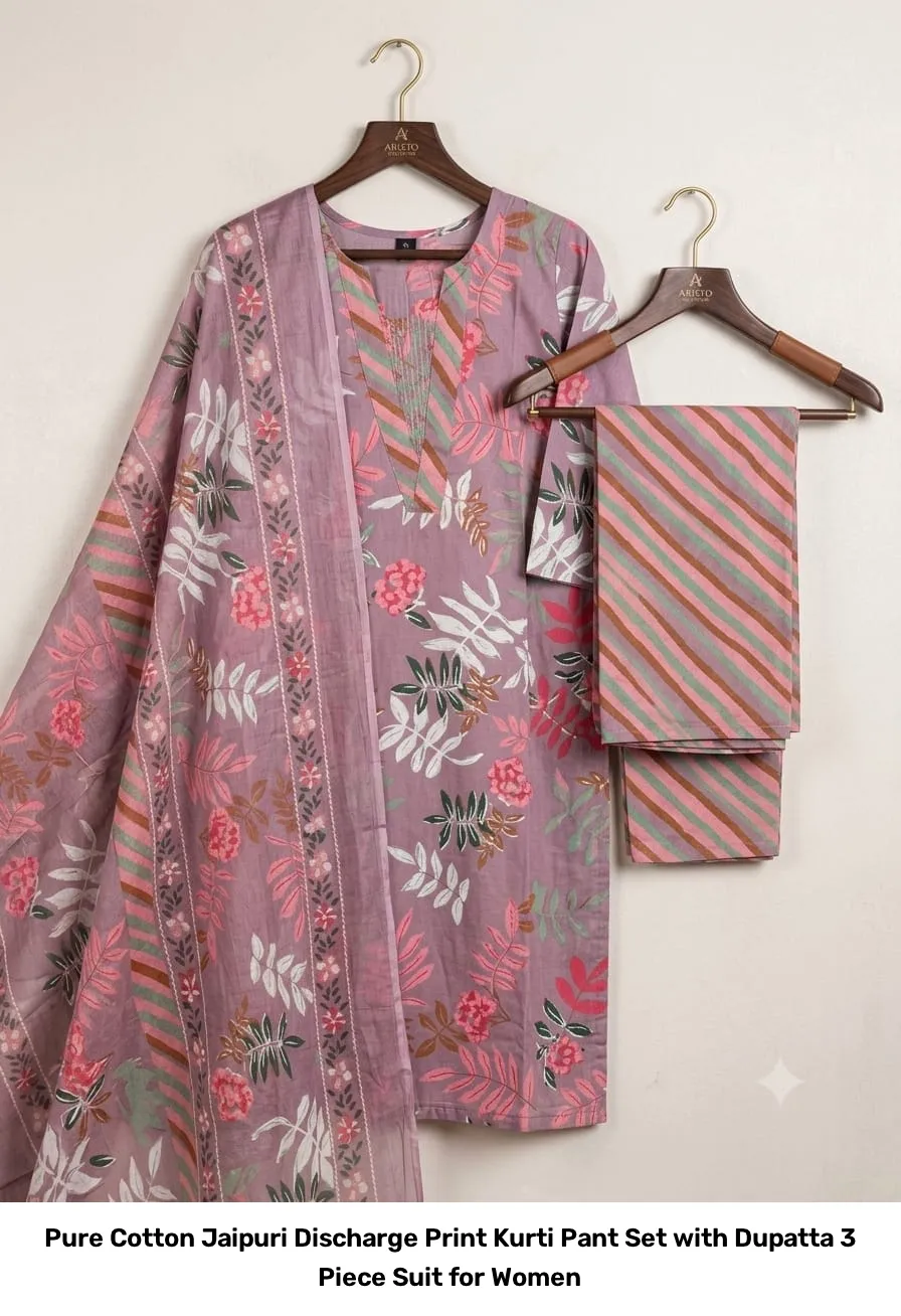 Pure Cotton Jaipuri Discharge Print Kurti Pant Set with Dupatta – 3 Piece Suit for Women 2