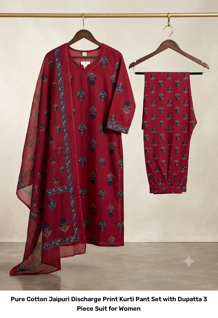 Pure Cotton Jaipuri Discharge Print Kurti Pant Set with Dupatta – 3 Piece Suit for Women 3