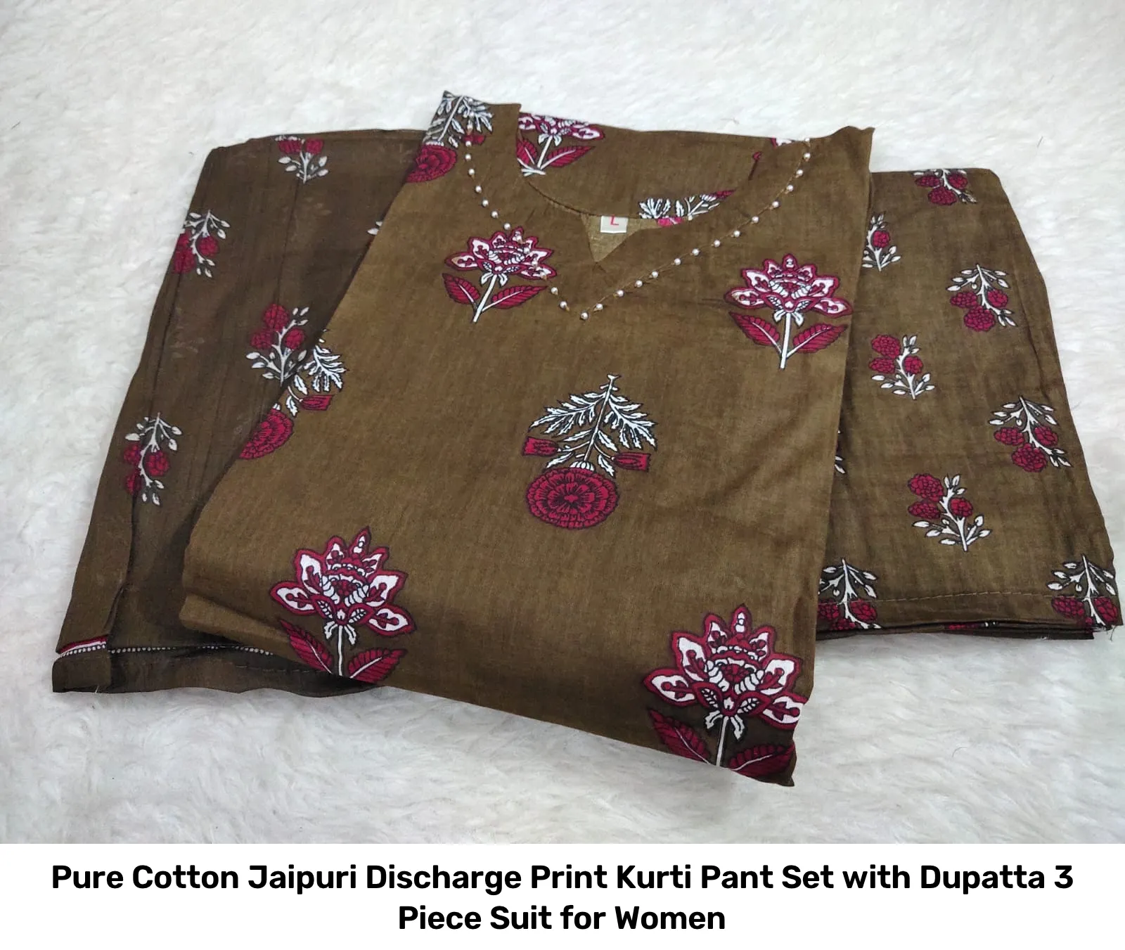 Pure Cotton Jaipuri Discharge Print Kurti Pant Set with Dupatta – 3 Piece Suit for Women 4