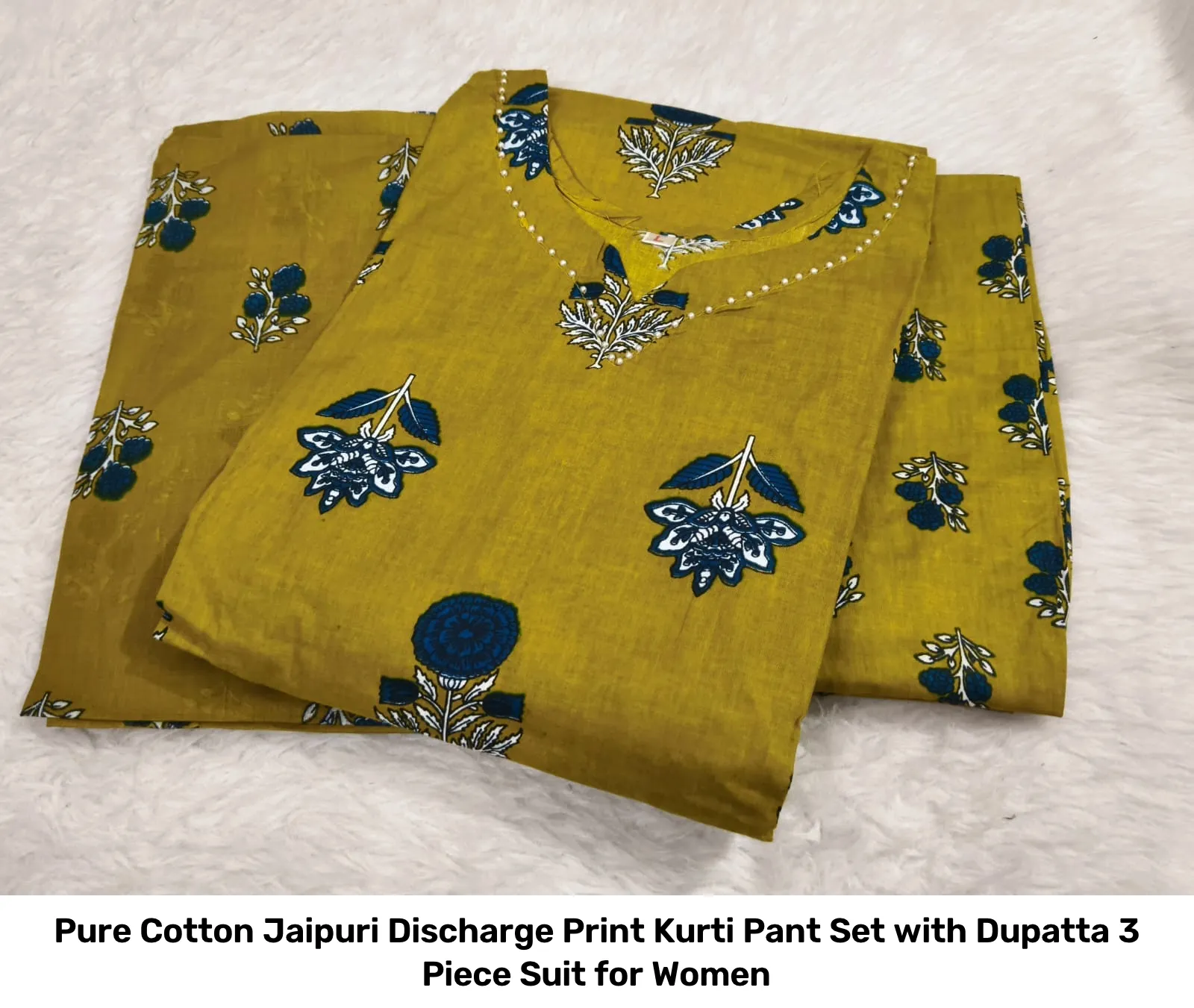Pure Cotton Jaipuri Discharge Print Kurti Pant Set with Dupatta – 3 Piece Suit for Women 5