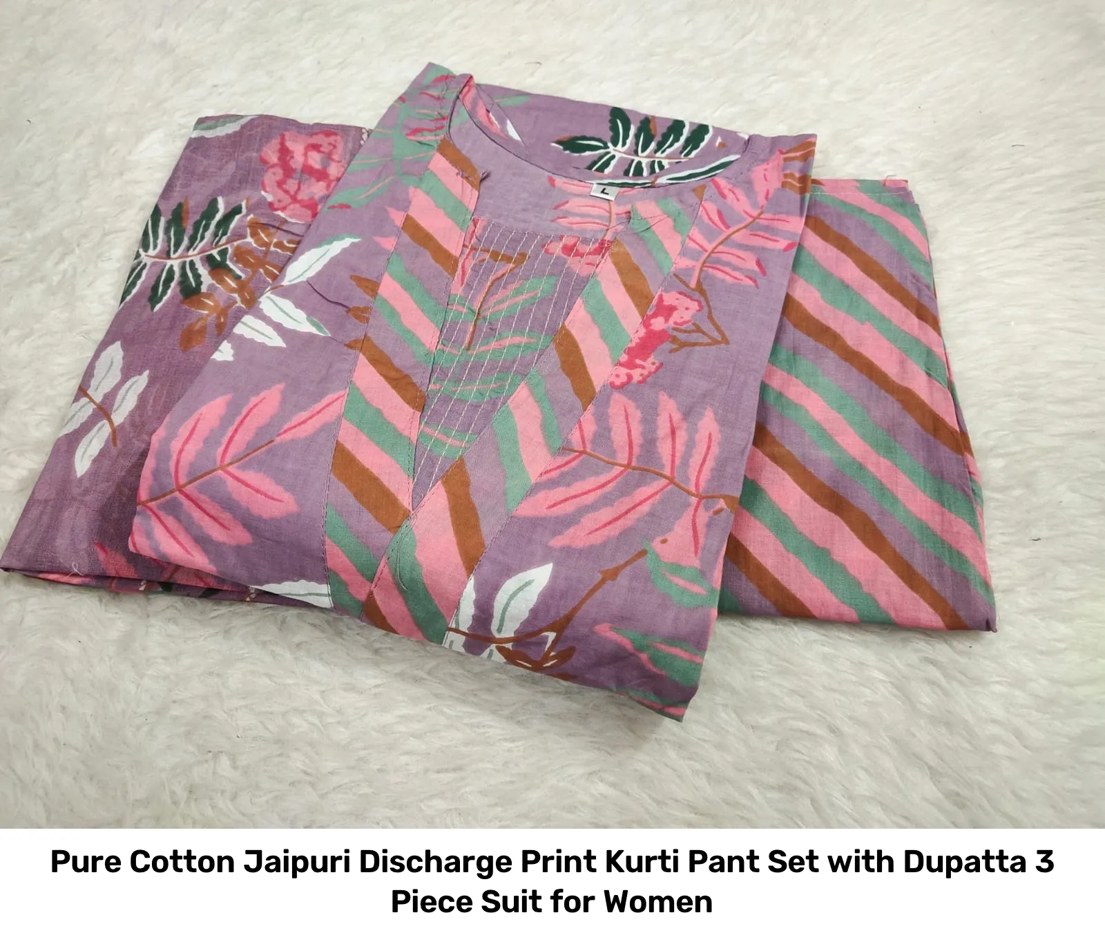 Pure Cotton Jaipuri Discharge Print Kurti Pant Set with Dupatta – 3 Piece Suit for Women 6