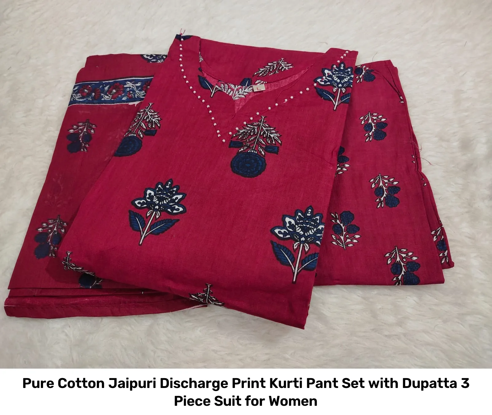 Pure Cotton Jaipuri Discharge Print Kurti Pant Set with Dupatta – 3 Piece Suit for Women 7