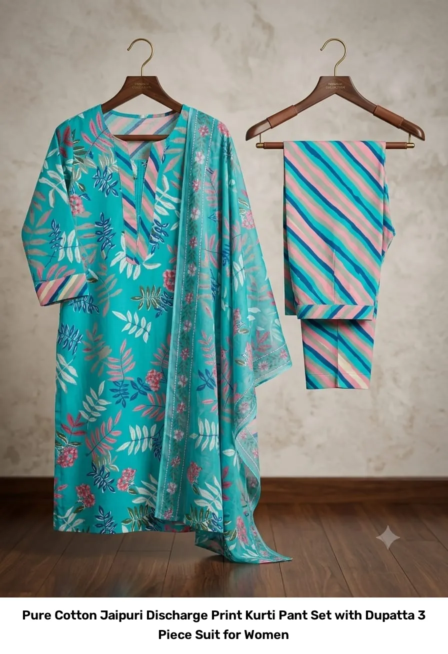Pure Cotton Jaipuri Discharge Print Kurti Pant Set with Dupatta – 3 Piece Suit for Women 8