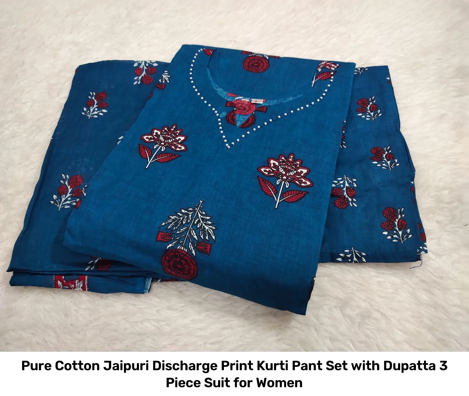 Pure Cotton Jaipuri Discharge Print Kurti Pant Set with Dupatta – 3 Piece Suit for Women 9