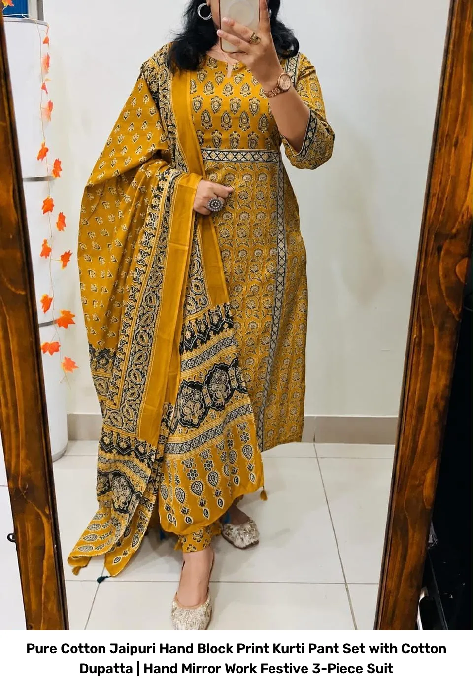 Pure Cotton Jaipuri Hand Block Print Kurti Pant Set with Cotton Dupatta | Hand Mirror Work Festive 3-Piece Suit 10