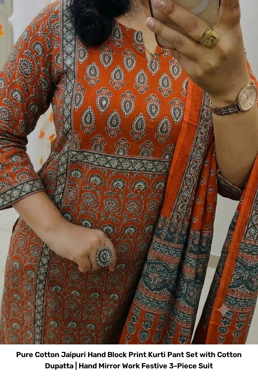 Pure Cotton Jaipuri Hand Block Print Kurti Pant Set with Cotton Dupatta | Hand Mirror Work Festive 3-Piece Suit 11