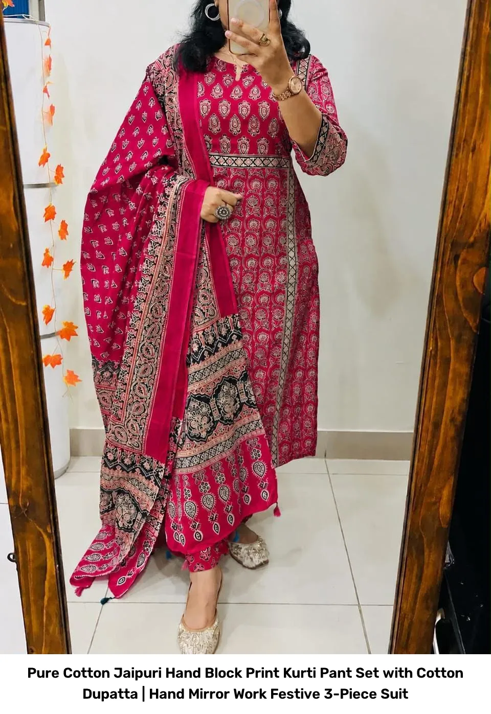 Pure Cotton Jaipuri Hand Block Print Kurti Pant Set with Cotton Dupatta | Hand Mirror Work Festive 3-Piece Suit 12