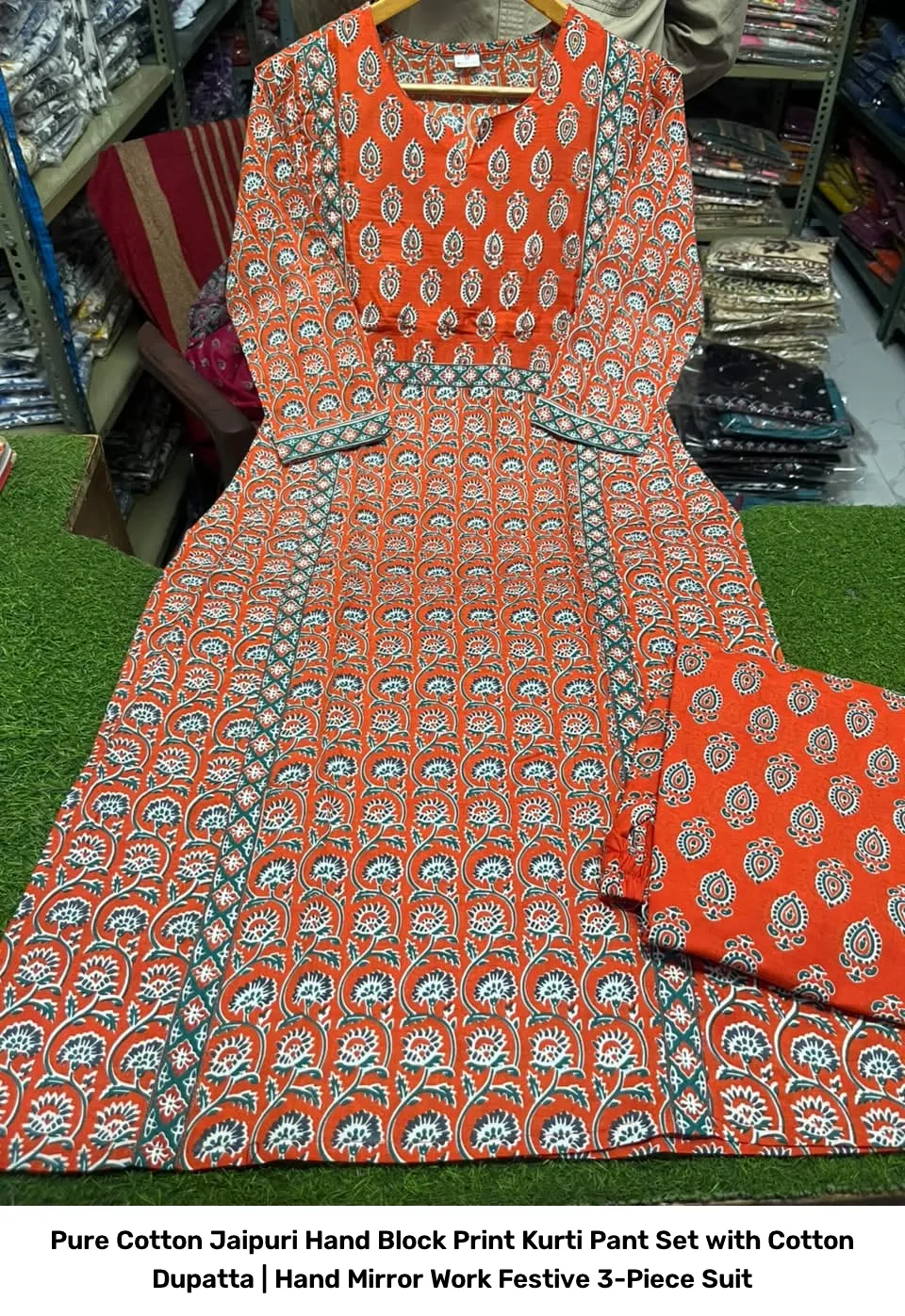 Pure Cotton Jaipuri Hand Block Print Kurti Pant Set with Cotton Dupatta | Hand Mirror Work Festive 3-Piece Suit 13