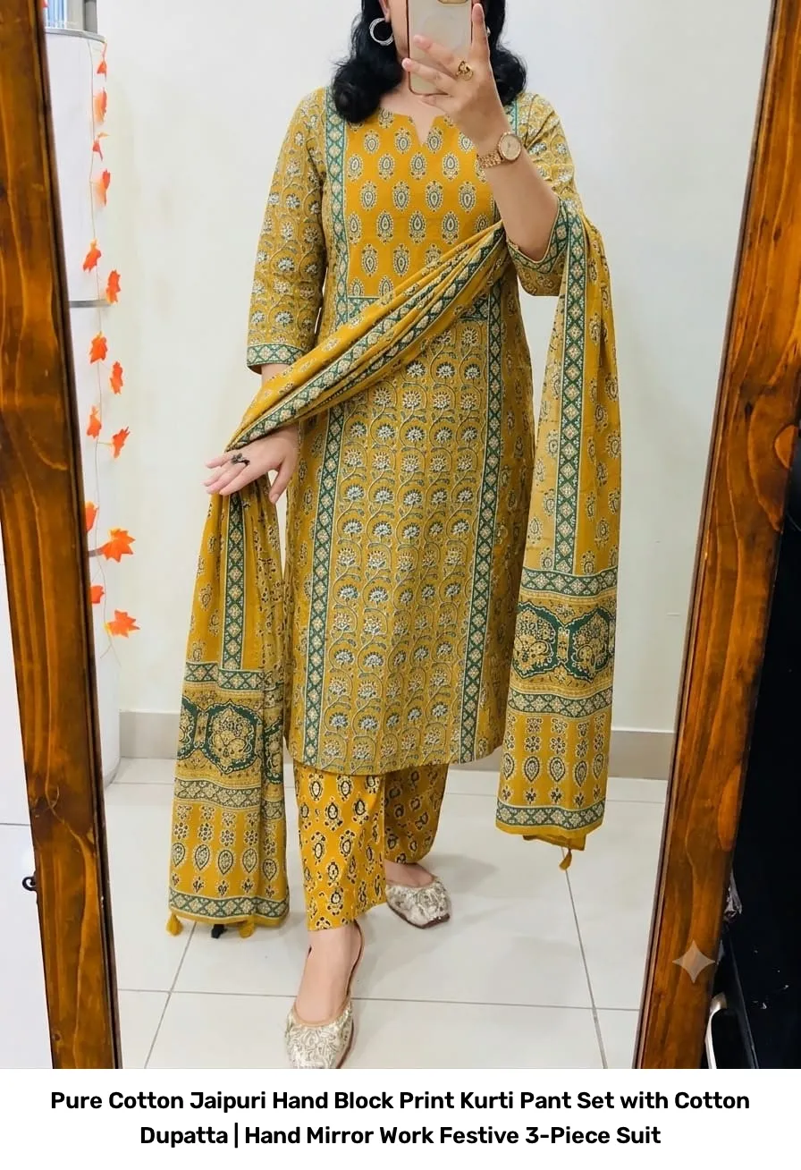 Pure Cotton Jaipuri Hand Block Print Kurti Pant Set with Cotton Dupatta | Hand Mirror Work Festive 3-Piece Suit 14