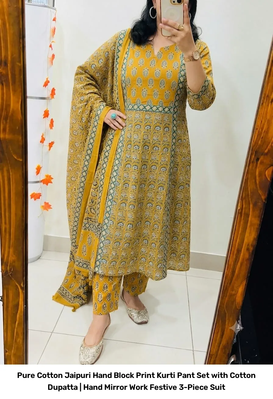 Pure Cotton Jaipuri Hand Block Print Kurti Pant Set with Cotton Dupatta | Hand Mirror Work Festive 3-Piece Suit 15