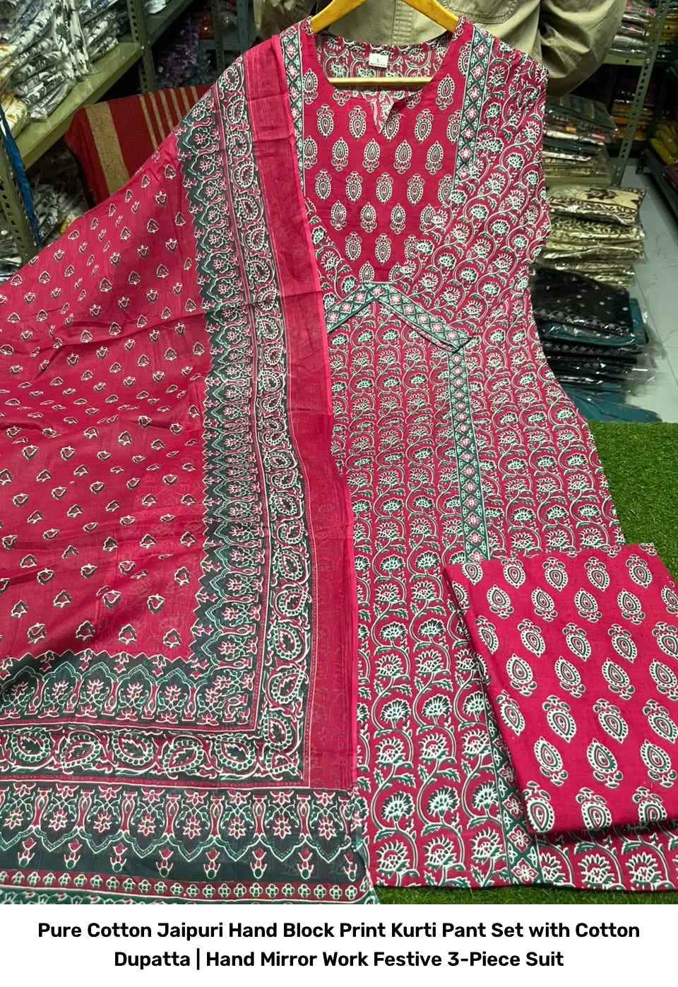 Pure Cotton Jaipuri Hand Block Print Kurti Pant Set with Cotton Dupatta | Hand Mirror Work Festive 3-Piece Suit 16