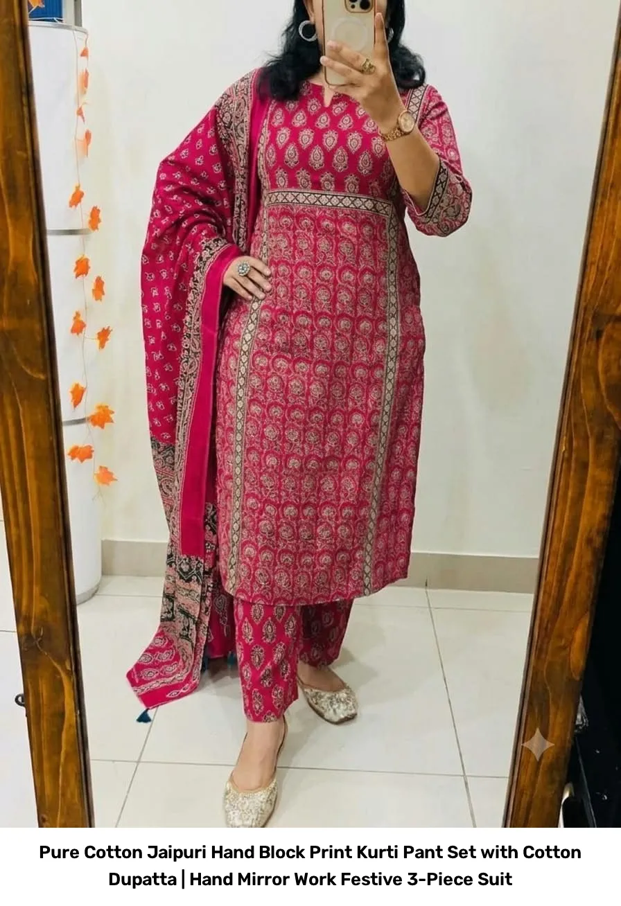 Pure Cotton Jaipuri Hand Block Print Kurti Pant Set with Cotton Dupatta | Hand Mirror Work Festive 3-Piece Suit 17