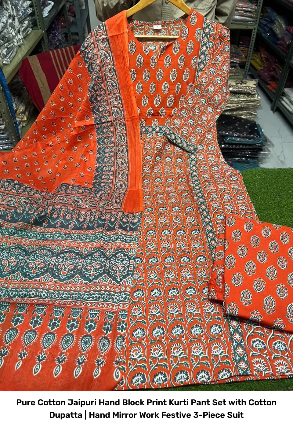 Pure Cotton Jaipuri Hand Block Print Kurti Pant Set with Cotton Dupatta | Hand Mirror Work Festive 3-Piece Suit 18