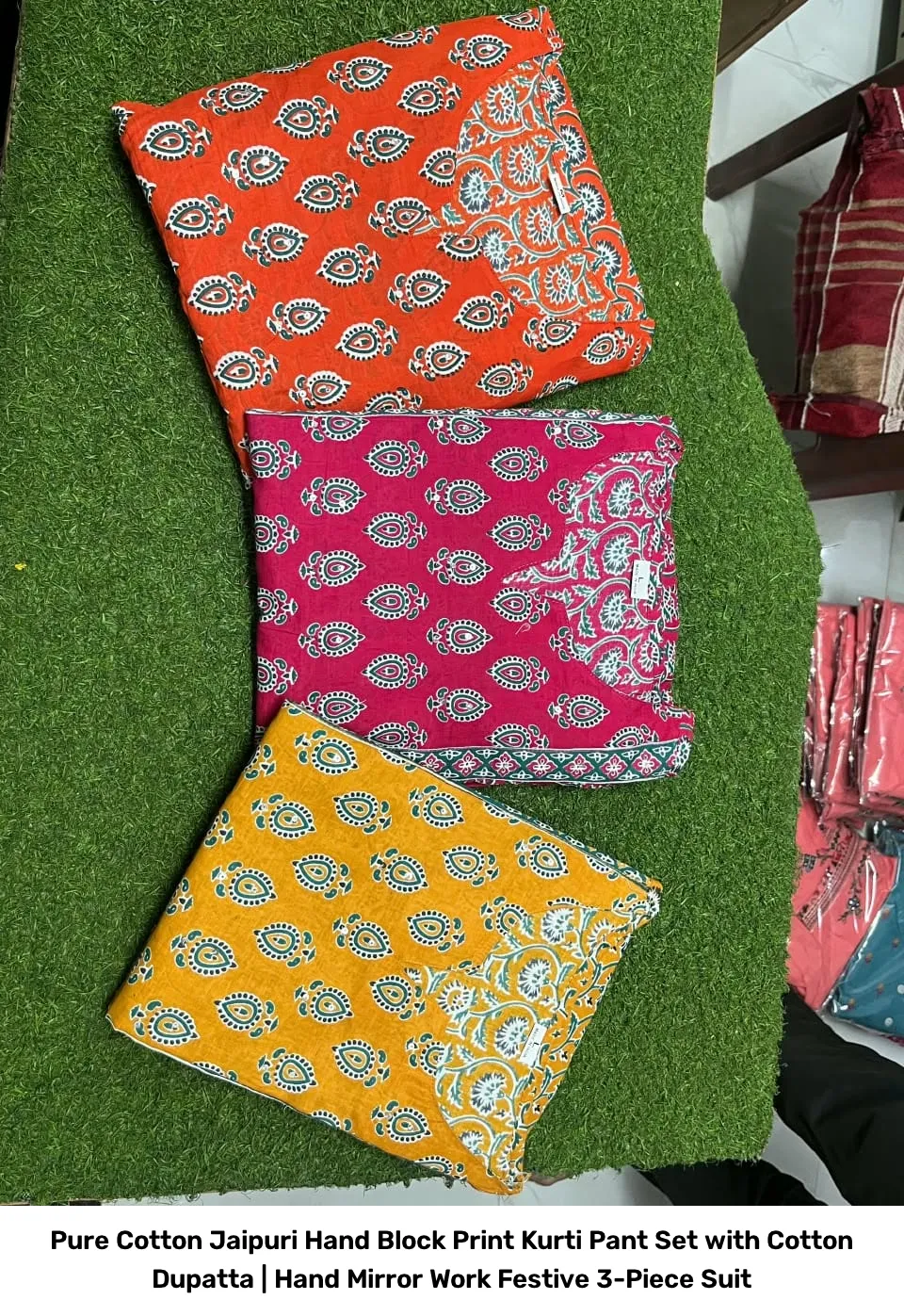 Pure Cotton Jaipuri Hand Block Print Kurti Pant Set with Cotton Dupatta | Hand Mirror Work Festive 3-Piece Suit 2