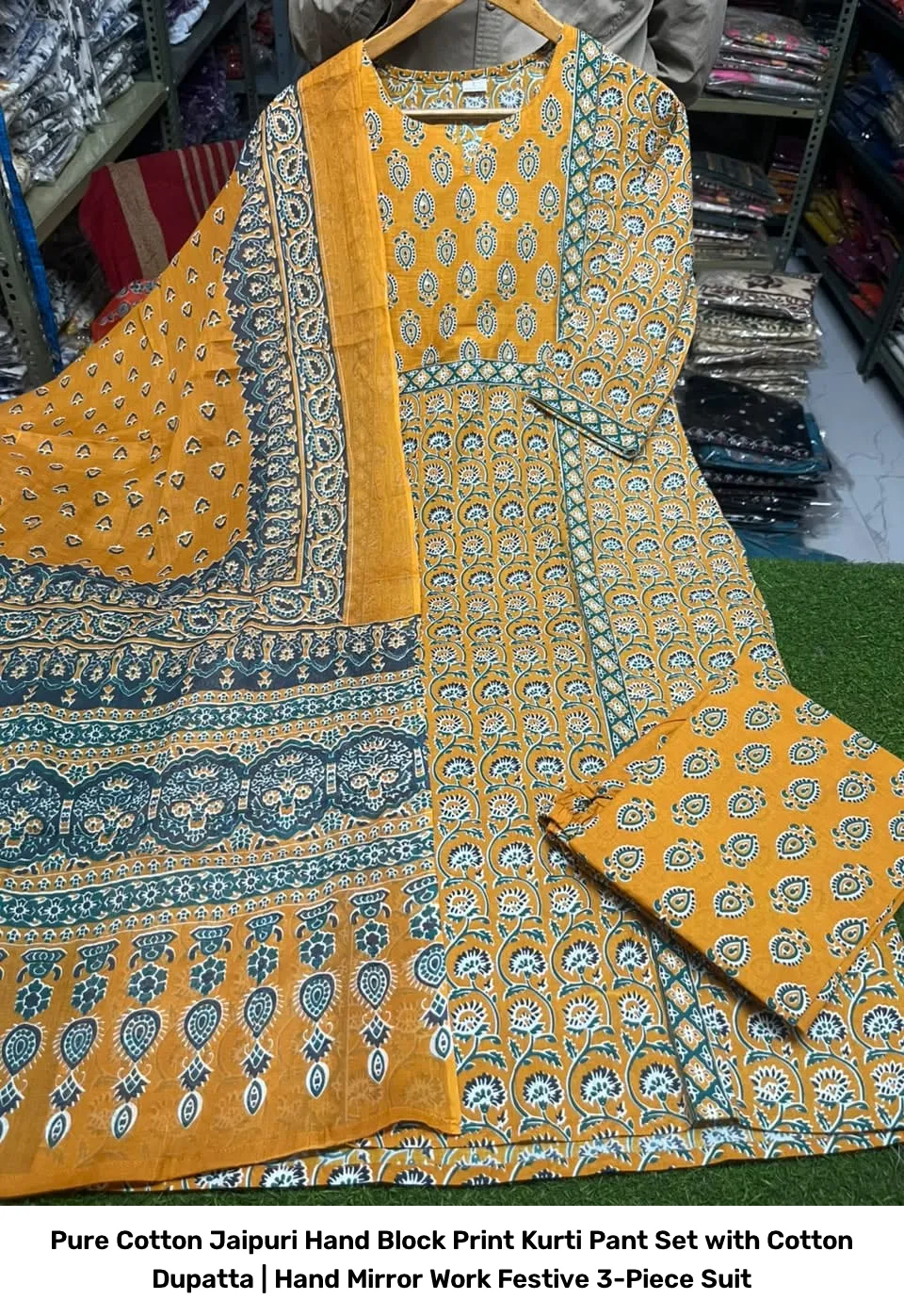 Pure Cotton Jaipuri Hand Block Print Kurti Pant Set with Cotton Dupatta | Hand Mirror Work Festive 3-Piece Suit 20