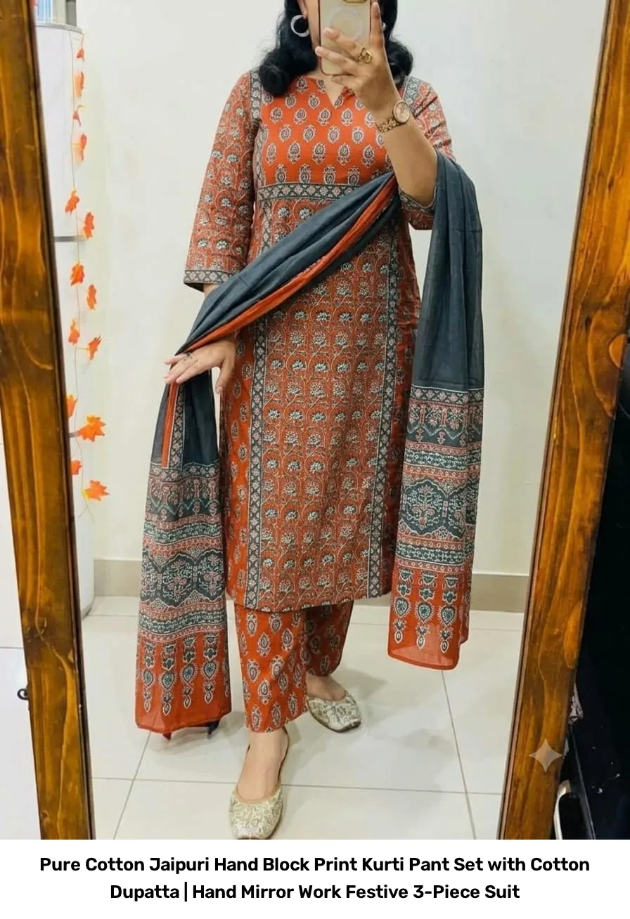 Pure Cotton Jaipuri Hand Block Print Kurti Pant Set with Cotton Dupatta | Hand Mirror Work Festive 3-Piece Suit 21
