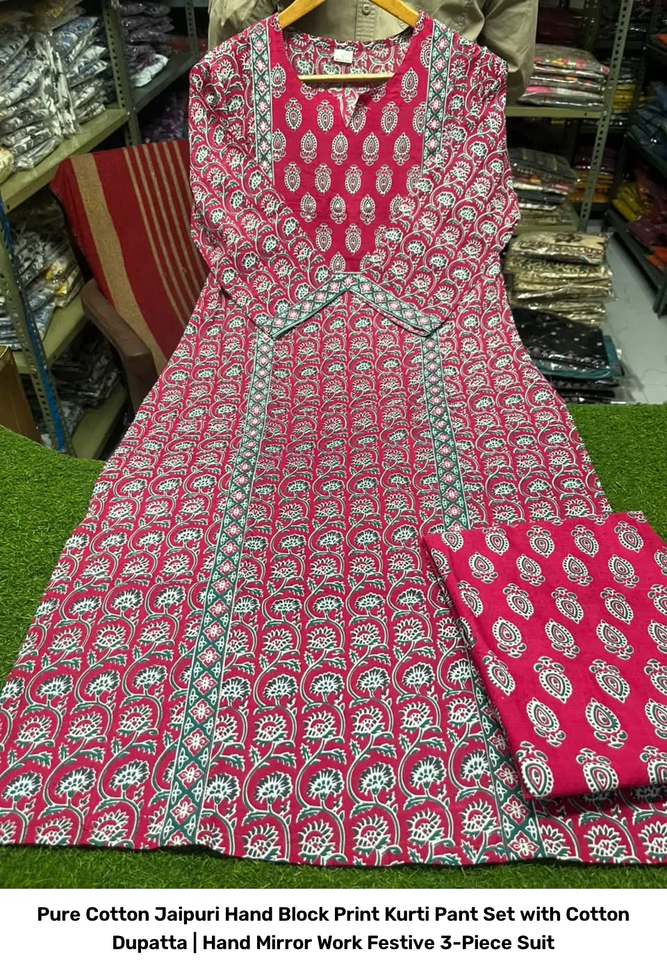 Pure Cotton Jaipuri Hand Block Print Kurti Pant Set with Cotton Dupatta | Hand Mirror Work Festive 3-Piece Suit 3