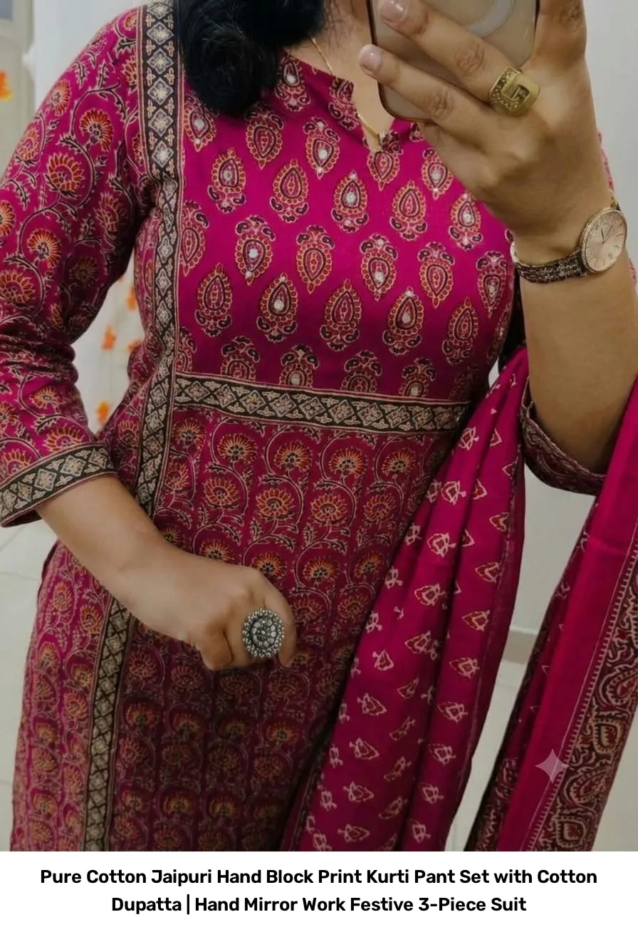 Pure Cotton Jaipuri Hand Block Print Kurti Pant Set with Cotton Dupatta | Hand Mirror Work Festive 3-Piece Suit 4