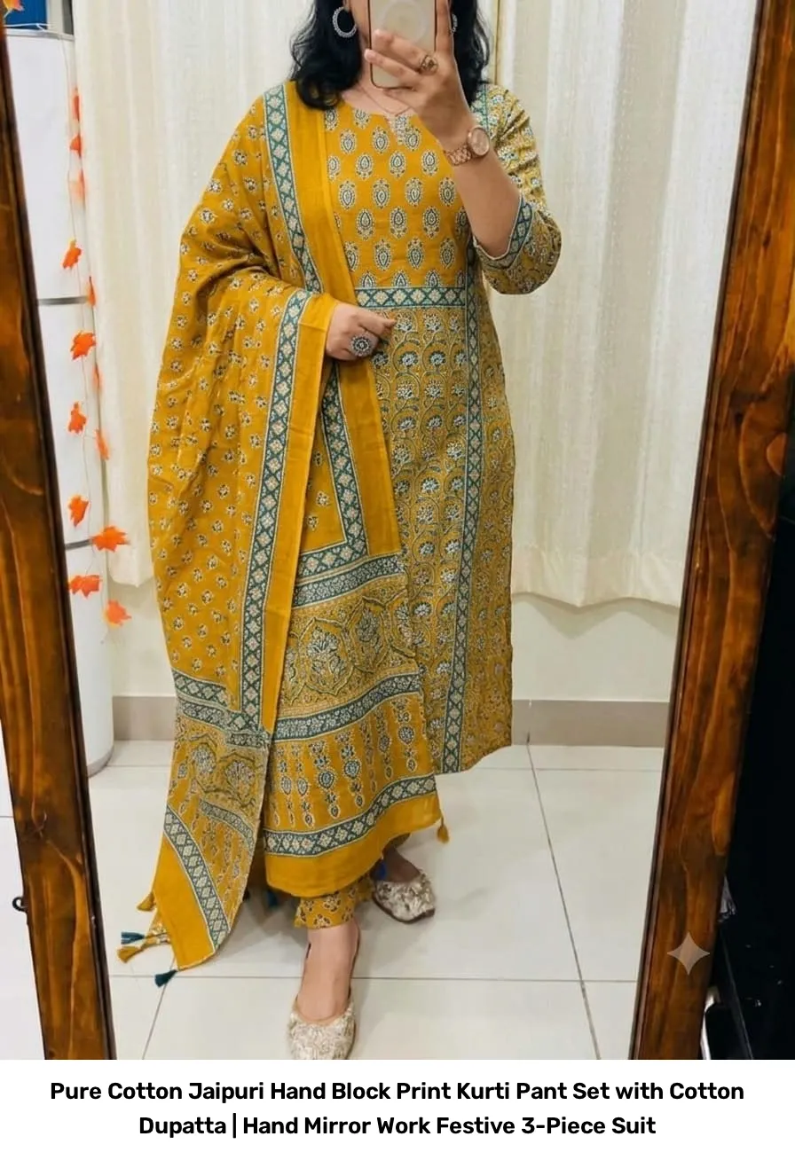 Pure Cotton Jaipuri Hand Block Print Kurti Pant Set with Cotton Dupatta | Hand Mirror Work Festive 3-Piece Suit 5