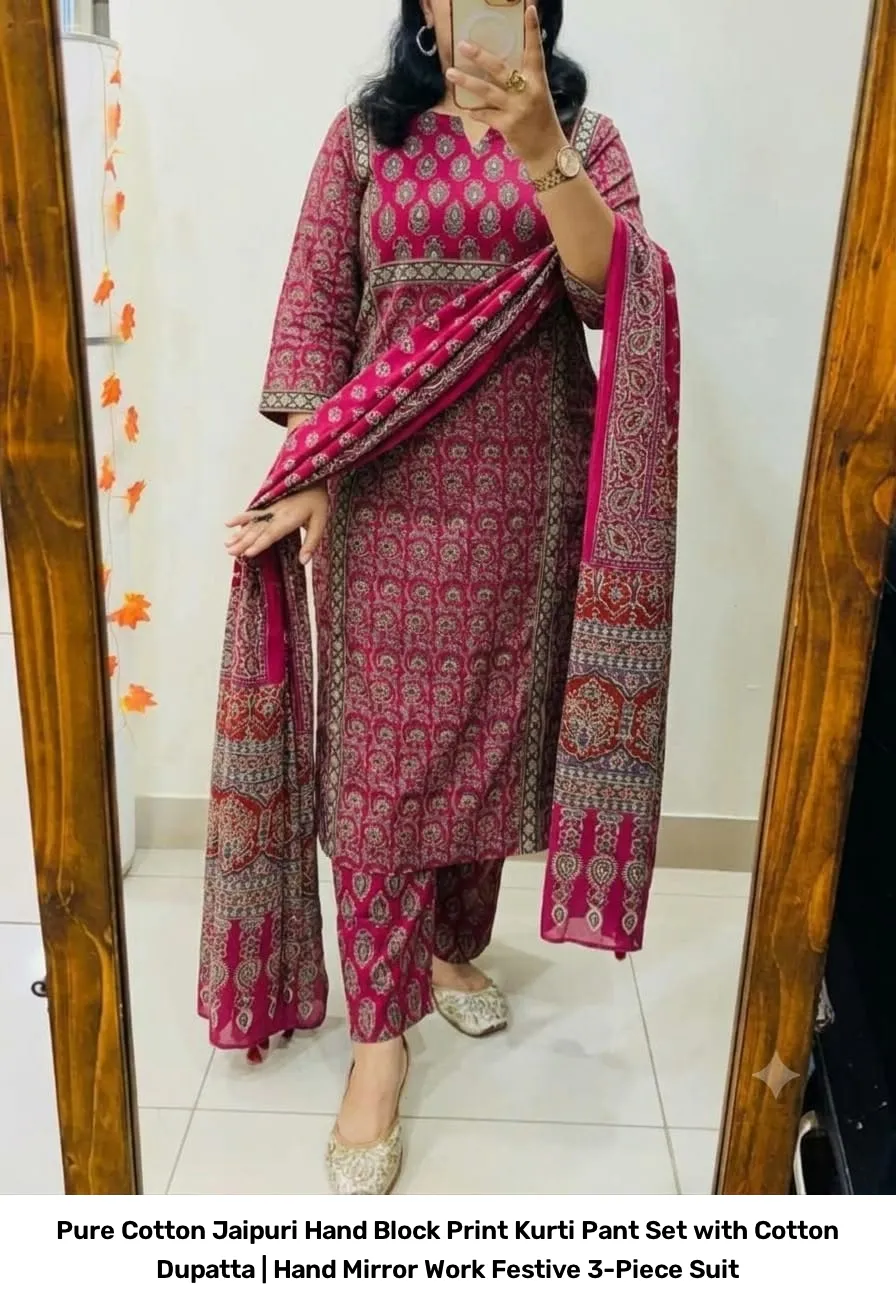 Pure Cotton Jaipuri Hand Block Print Kurti Pant Set with Cotton Dupatta | Hand Mirror Work Festive 3-Piece Suit 6