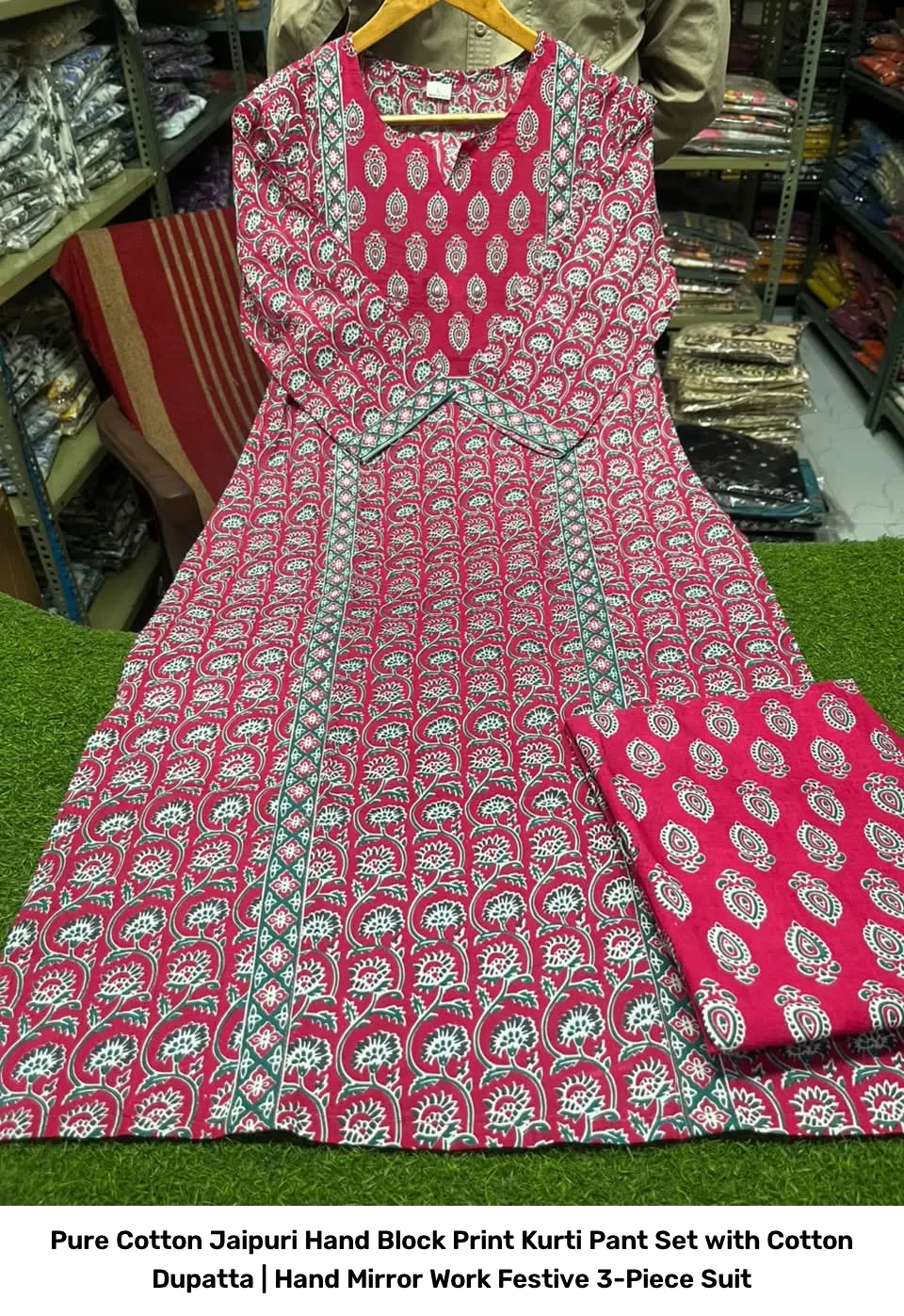 Pure Cotton Jaipuri Hand Block Print Kurti Pant Set with Cotton Dupatta | Hand Mirror Work Festive 3-Piece Suit 7