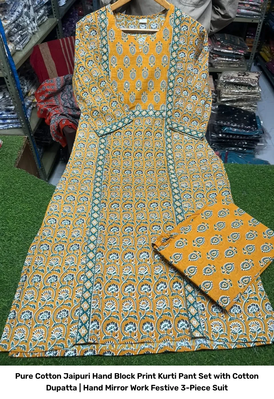 Pure Cotton Jaipuri Hand Block Print Kurti Pant Set with Cotton Dupatta | Hand Mirror Work Festive 3-Piece Suit 8