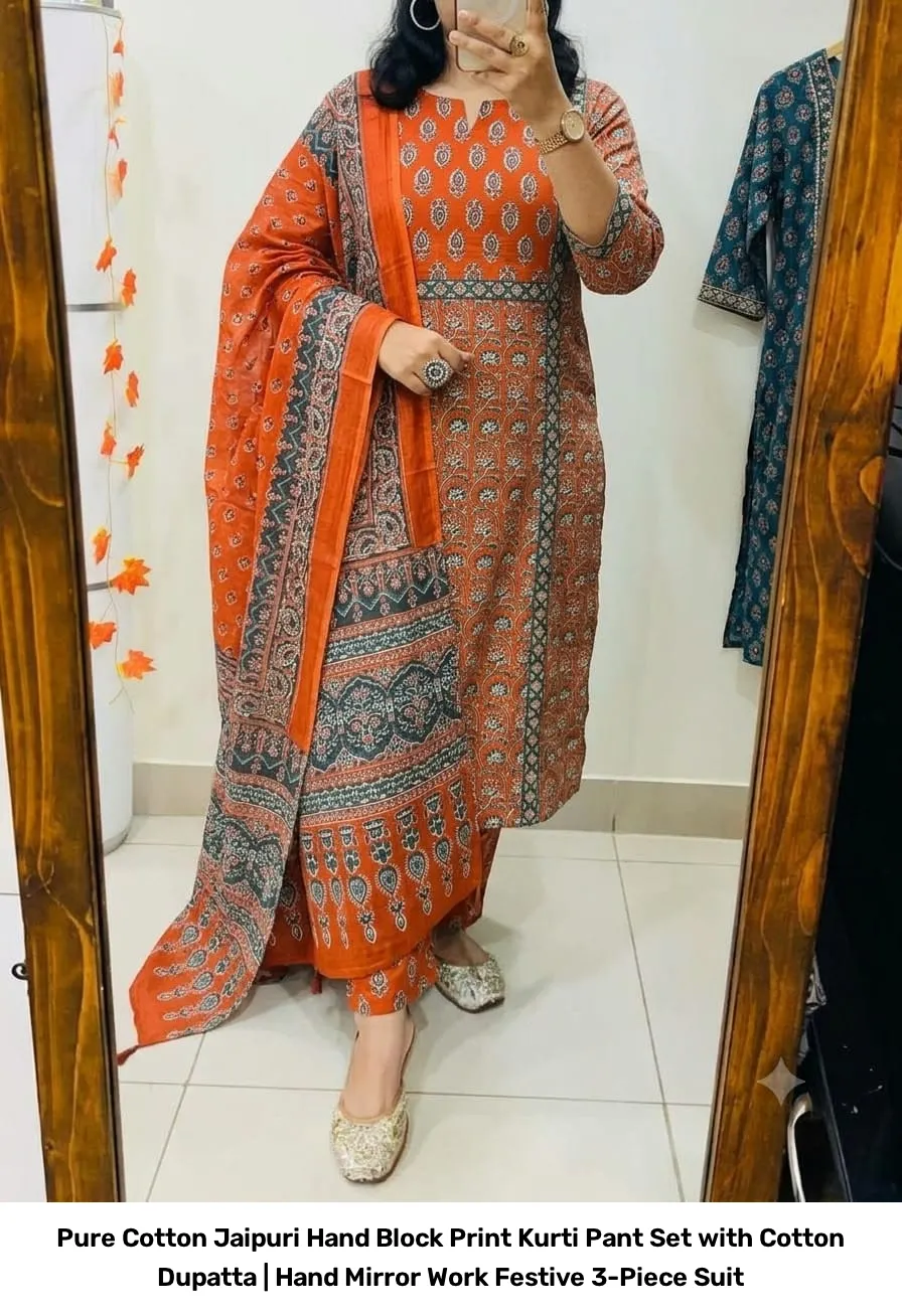 Pure Cotton Jaipuri Hand Block Print Kurti Pant Set with Cotton Dupatta | Hand Mirror Work Festive 3-Piece Suit 9