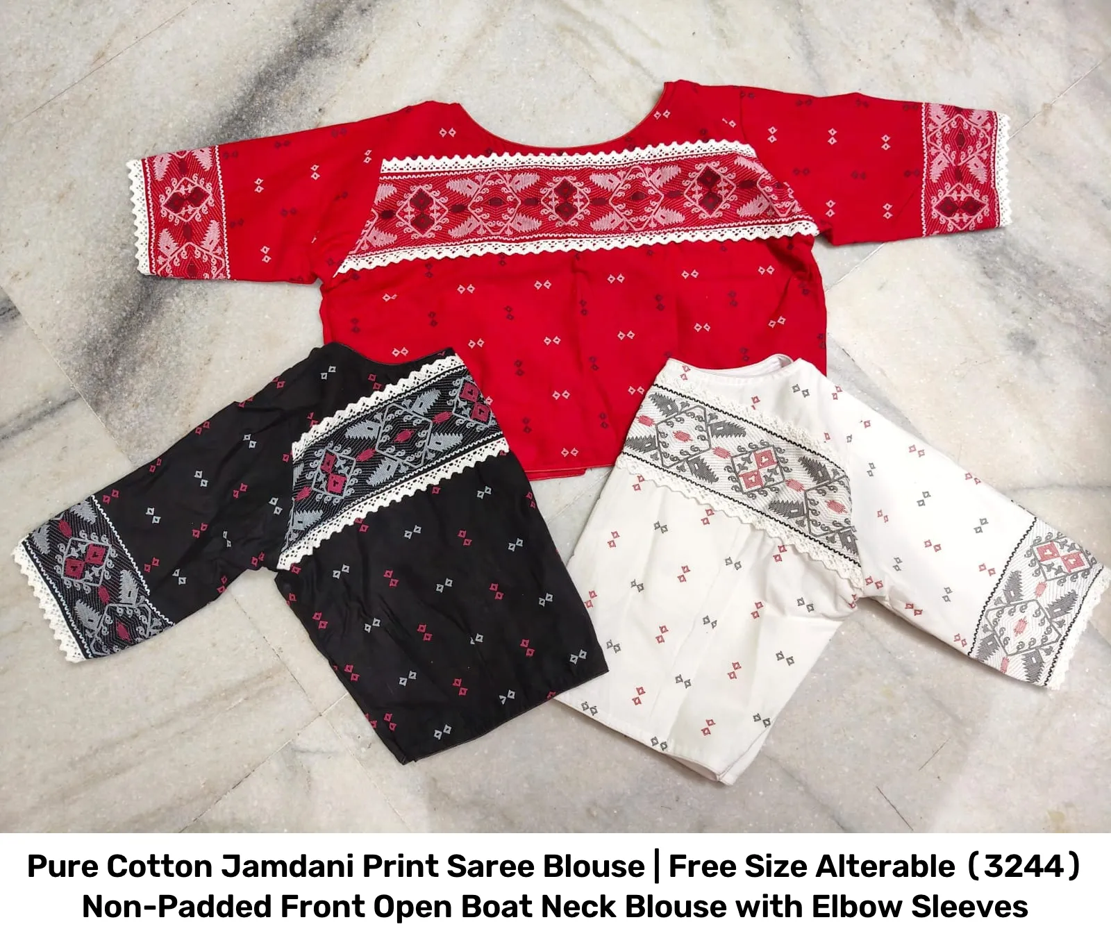 Pure Cotton Jamdani Print Saree Blouse | Free Size Alterable (32–44) Non-Padded Front Open Boat Neck Blouse with Elbow Sleeves 2