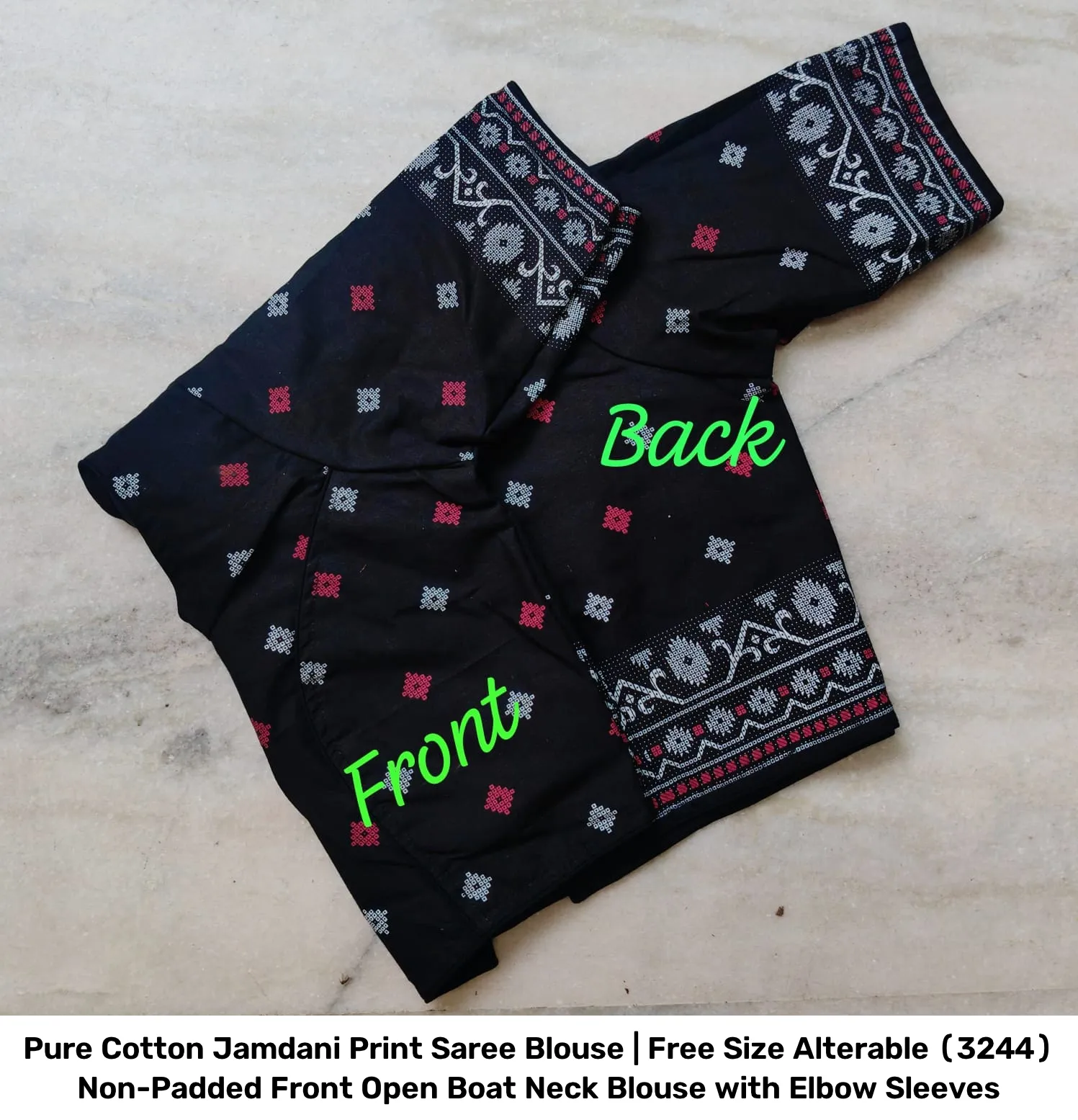 Pure Cotton Jamdani Print Saree Blouse | Free Size Alterable (32–44) Non-Padded Front Open Boat Neck Blouse with Elbow Sleeves 3