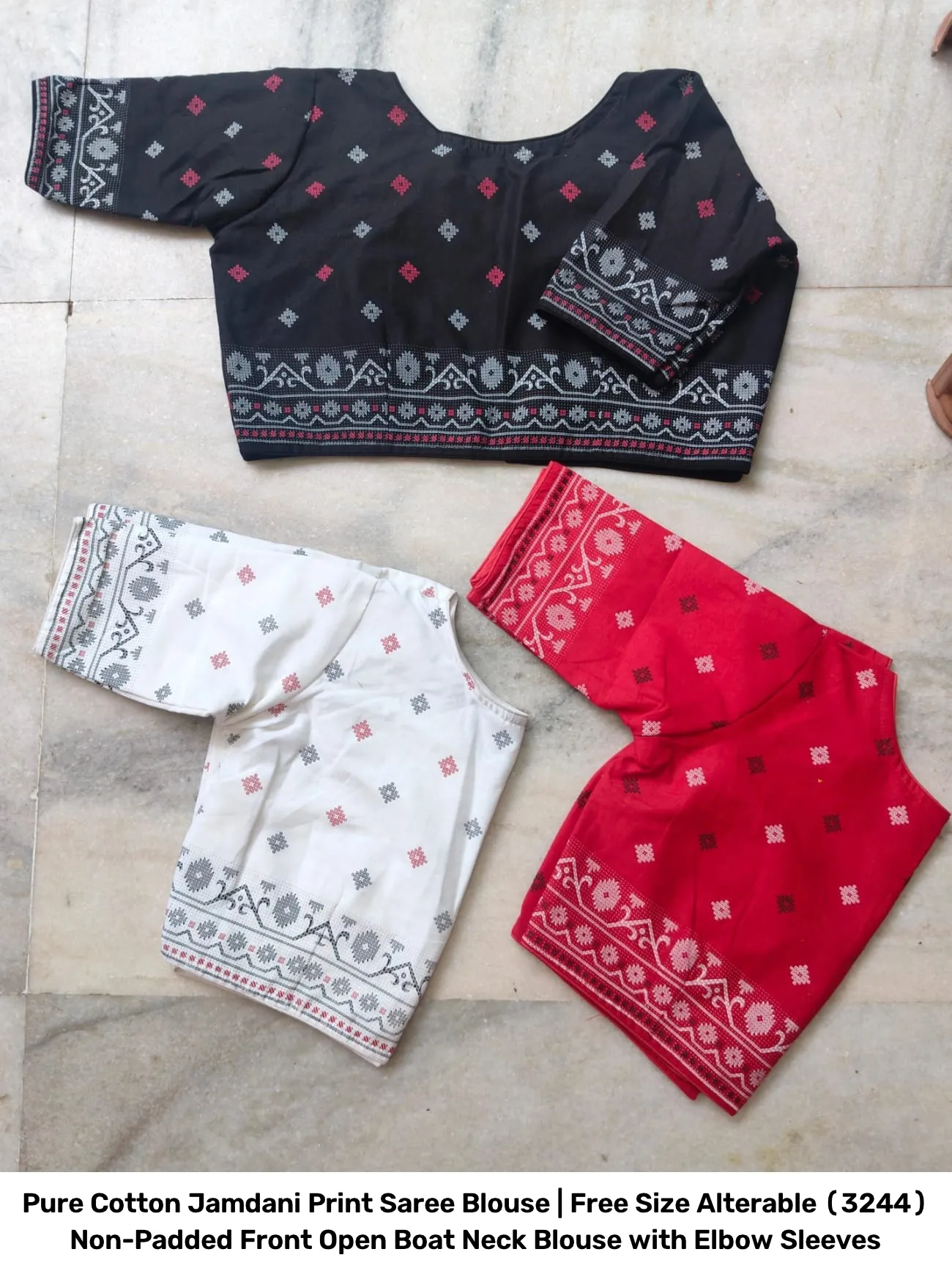 Pure Cotton Jamdani Print Saree Blouse | Free Size Alterable (32–44) Non-Padded Front Open Boat Neck Blouse with Elbow Sleeves 4