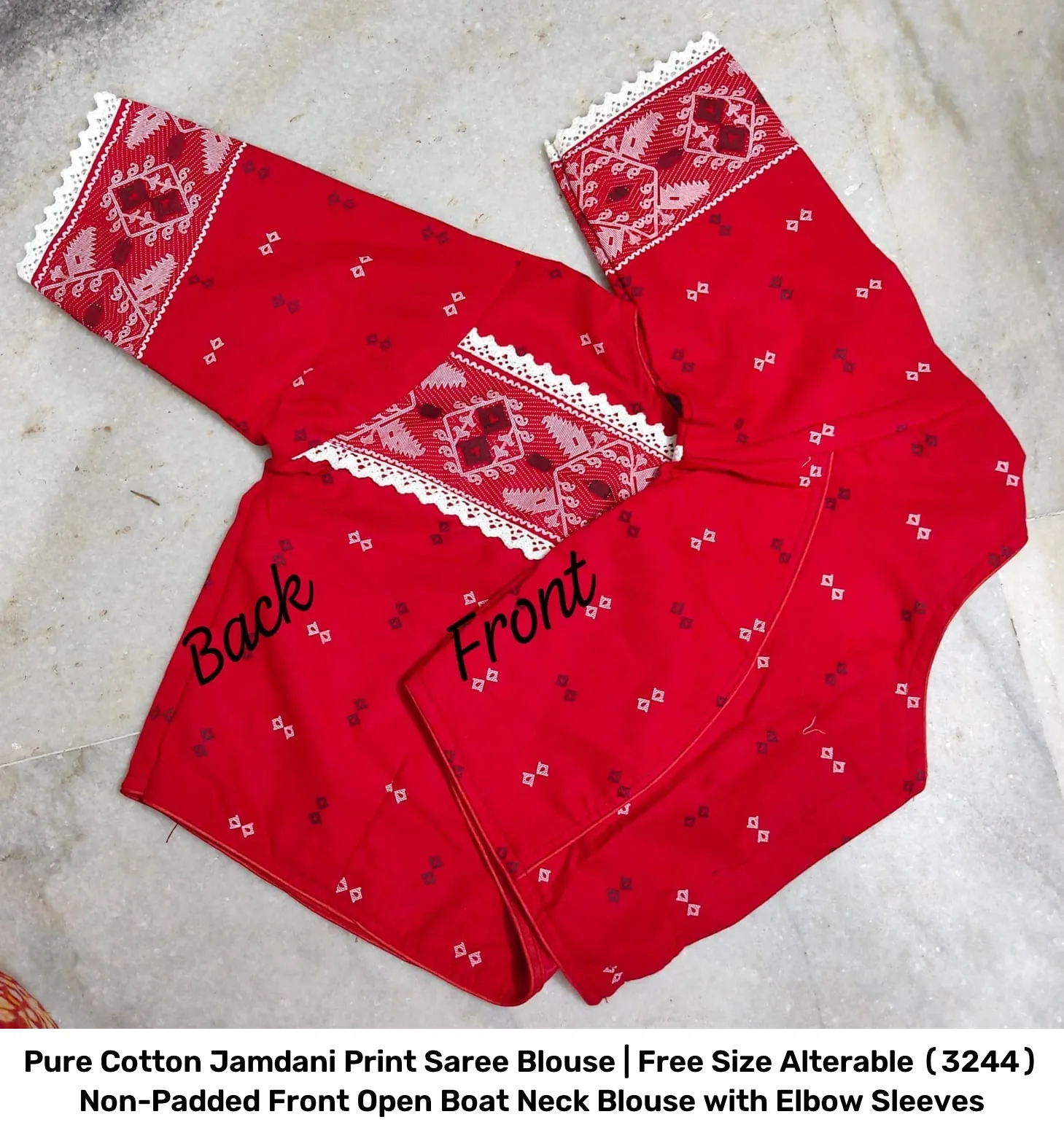 Pure Cotton Jamdani Print Saree Blouse | Free Size Alterable (32–44) Non-Padded Front Open Boat Neck Blouse with Elbow Sleeves 5