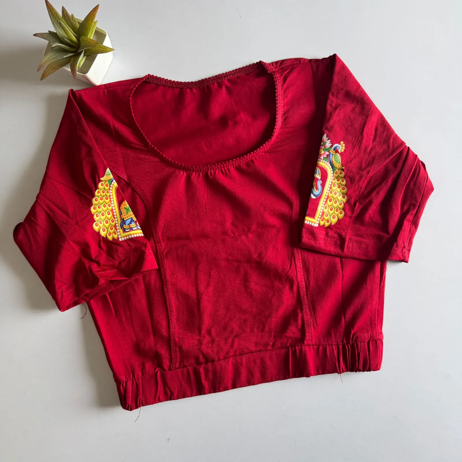Pure Cotton Lycra Stretchable Slip-On Saree Blouse | Kalamkari Peacock & Tree of Life Print Round Neck Readymade Blouse with Elasticated Waistband