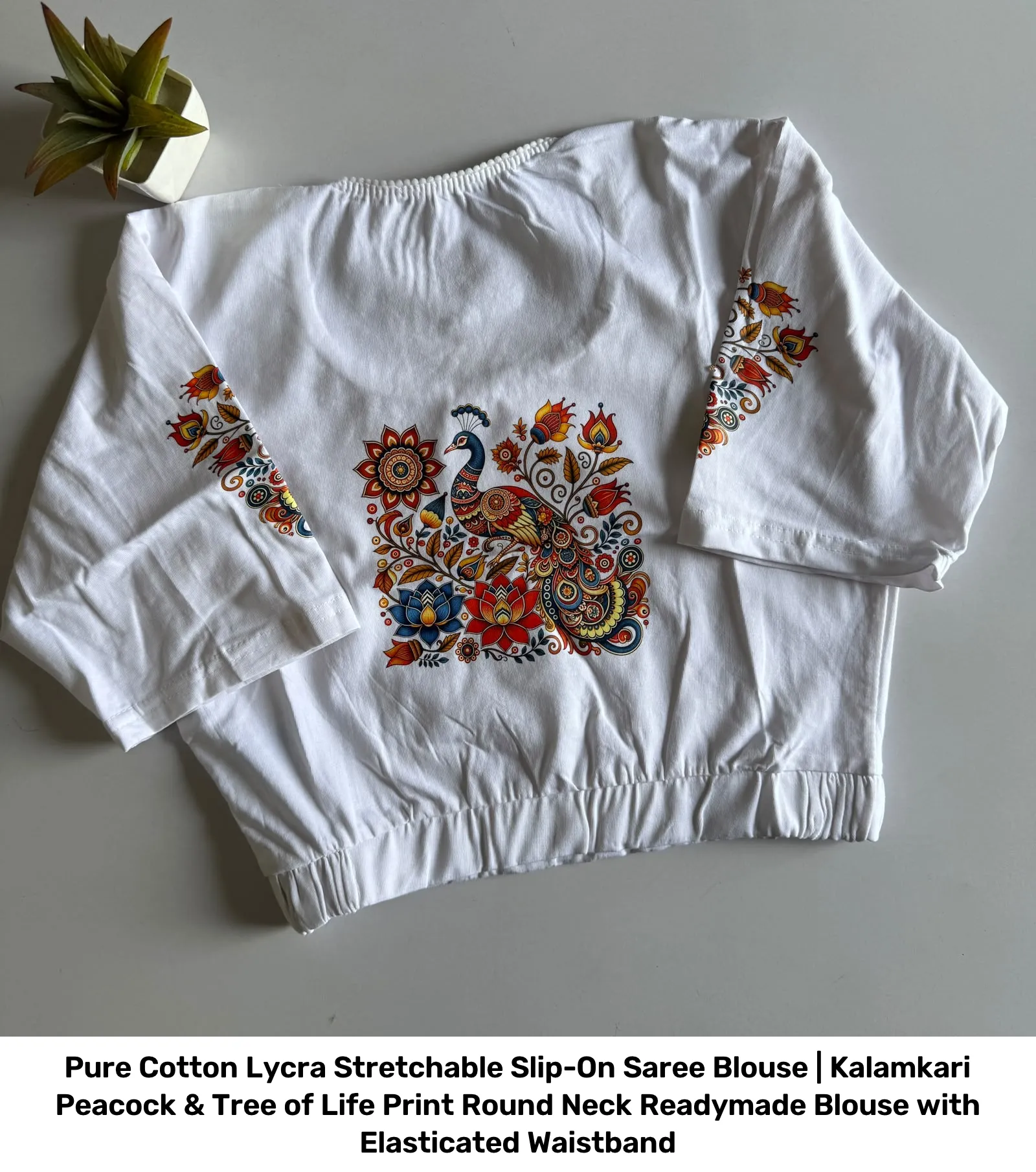 Pure Cotton Lycra Stretchable Slip-On Saree Blouse | Kalamkari Peacock & Tree of Life Print Round Neck Readymade Blouse with Elasticated Waistband 10